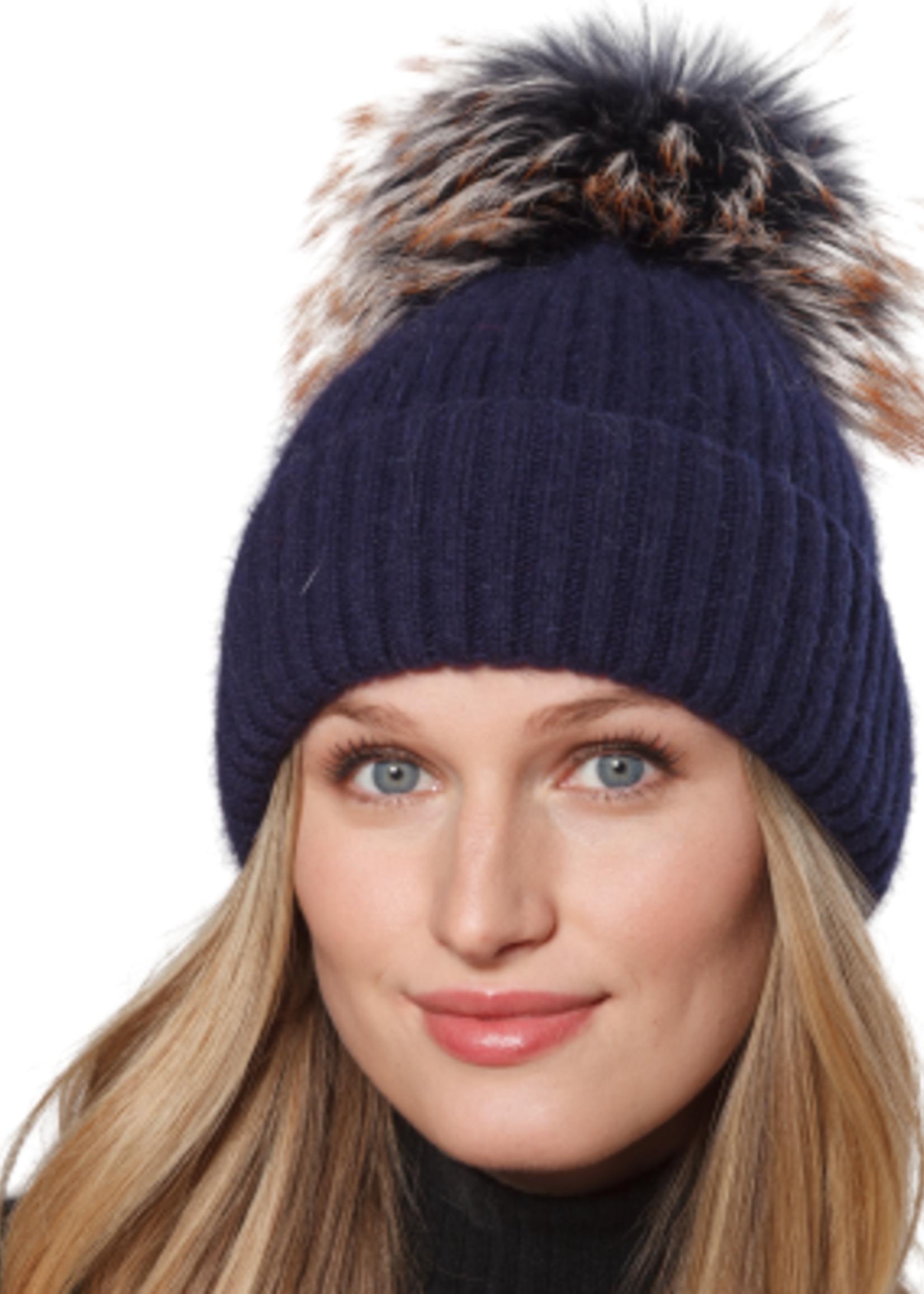Wool & Angora Blend Ribbed Knit Beanie w/ Pom Pom