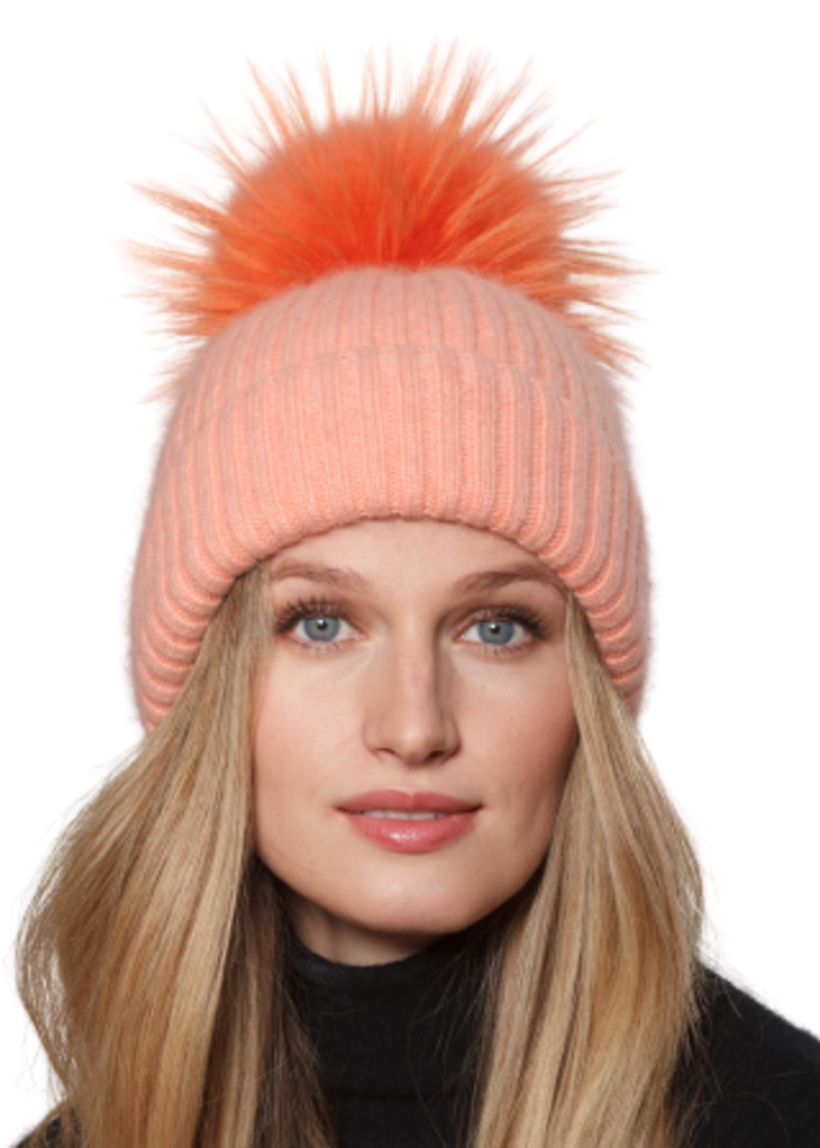 Wool & Angora Blend Ribbed Knit Beanie w/ Pom Pom