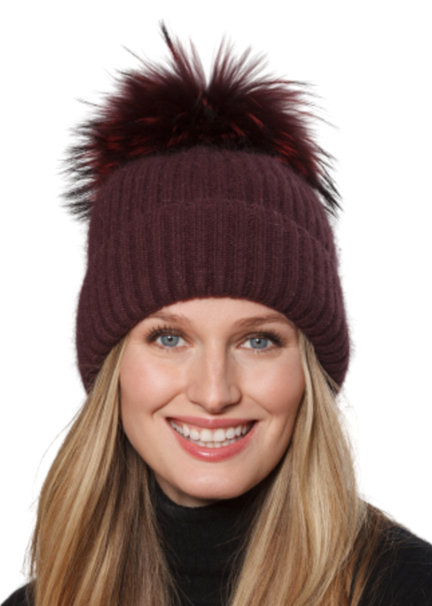 Wool & Angora Blend Ribbed Knit Beanie w/ Pom Pom
