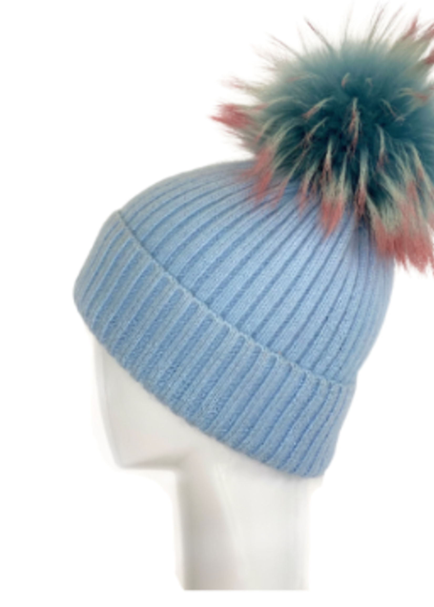 Wool & Angora Blend Ribbed Knit Beanie w/ Pom Pom