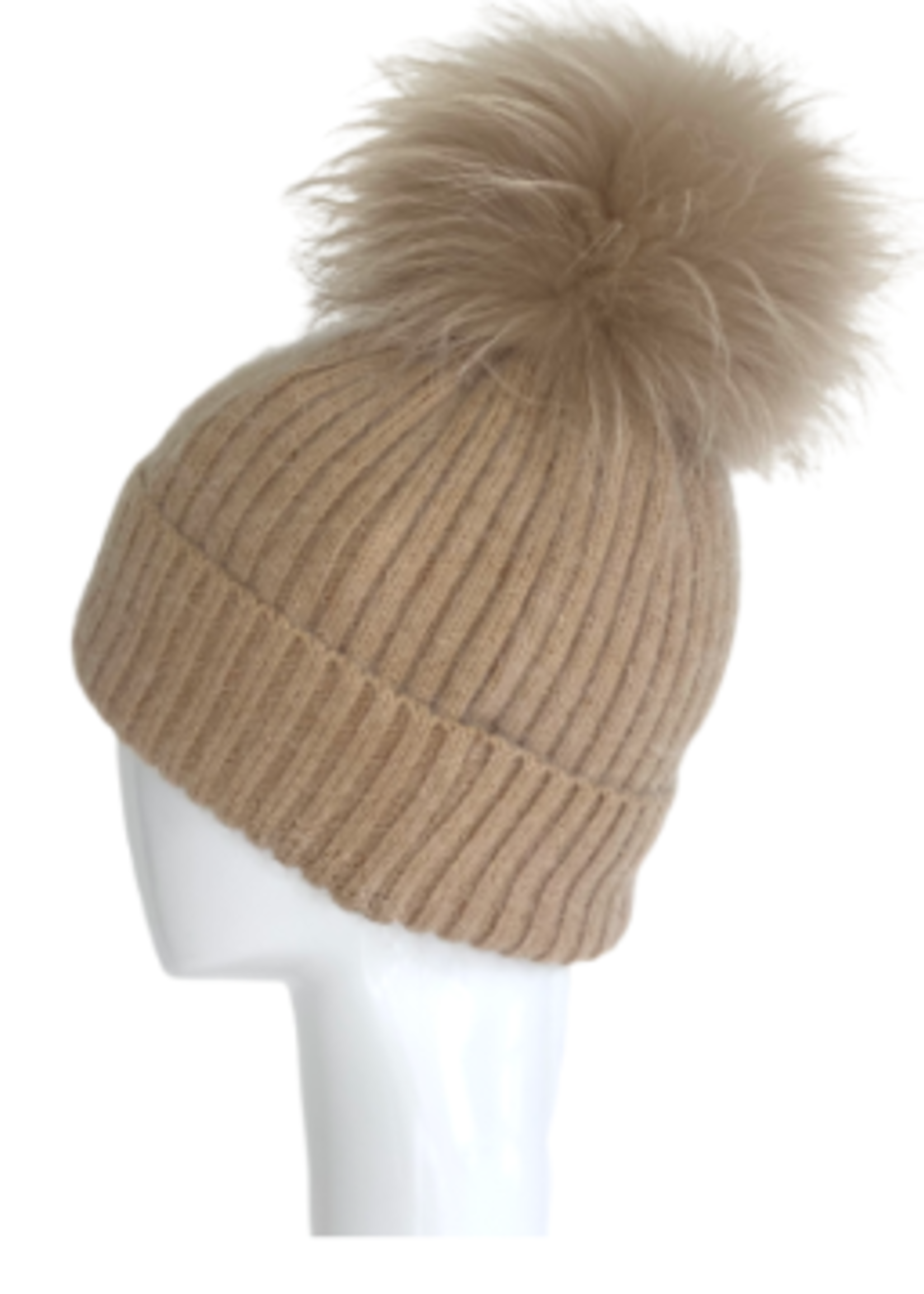 Wool & Angora Blend Ribbed Knit Beanie w/ Pom Pom