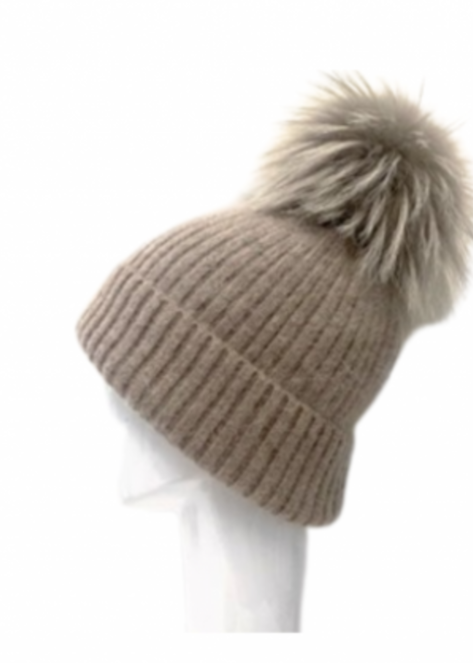 Wool & Angora Blend Ribbed Knit Beanie w/ Pom Pom