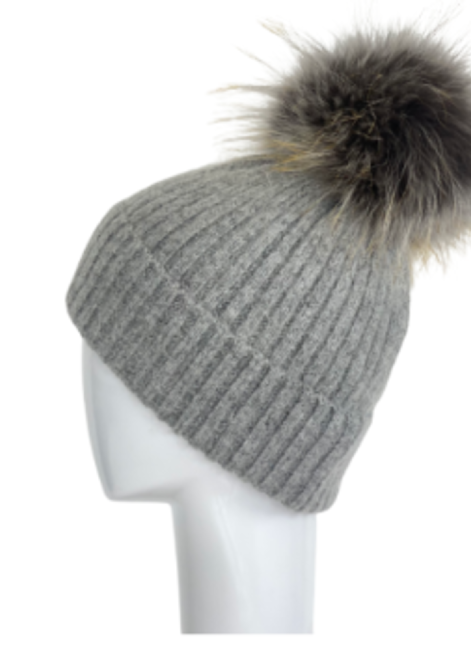 Wool & Angora Blend Ribbed Knit Beanie w/ Pom Pom