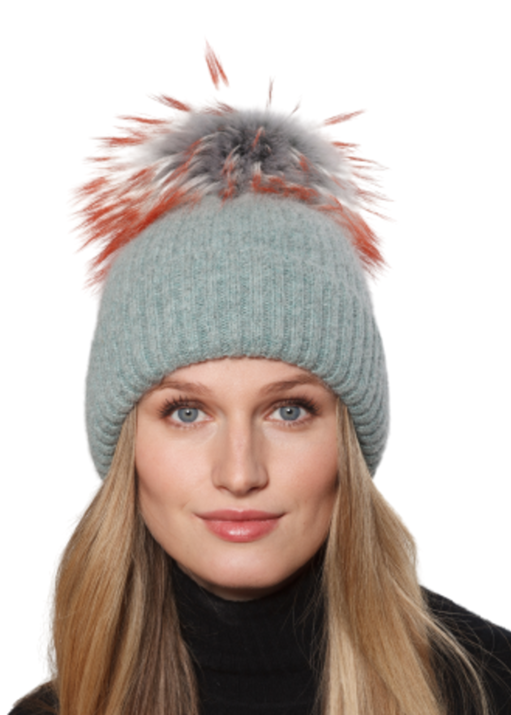 Wool & Angora Blend Ribbed Knit Beanie w/ Pom Pom
