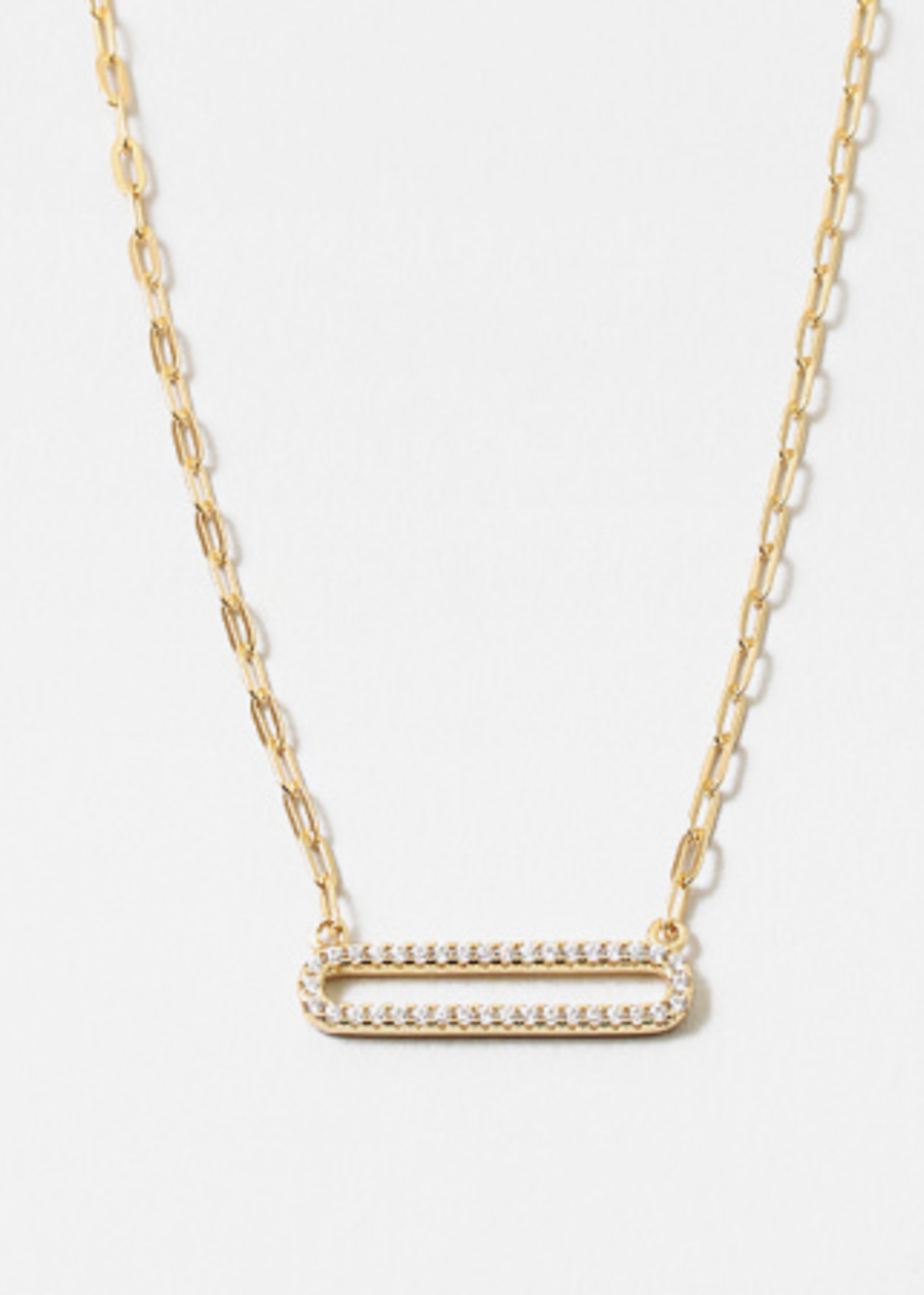 Gold over SS Paperclip Chain Necklace Pave Open Oval