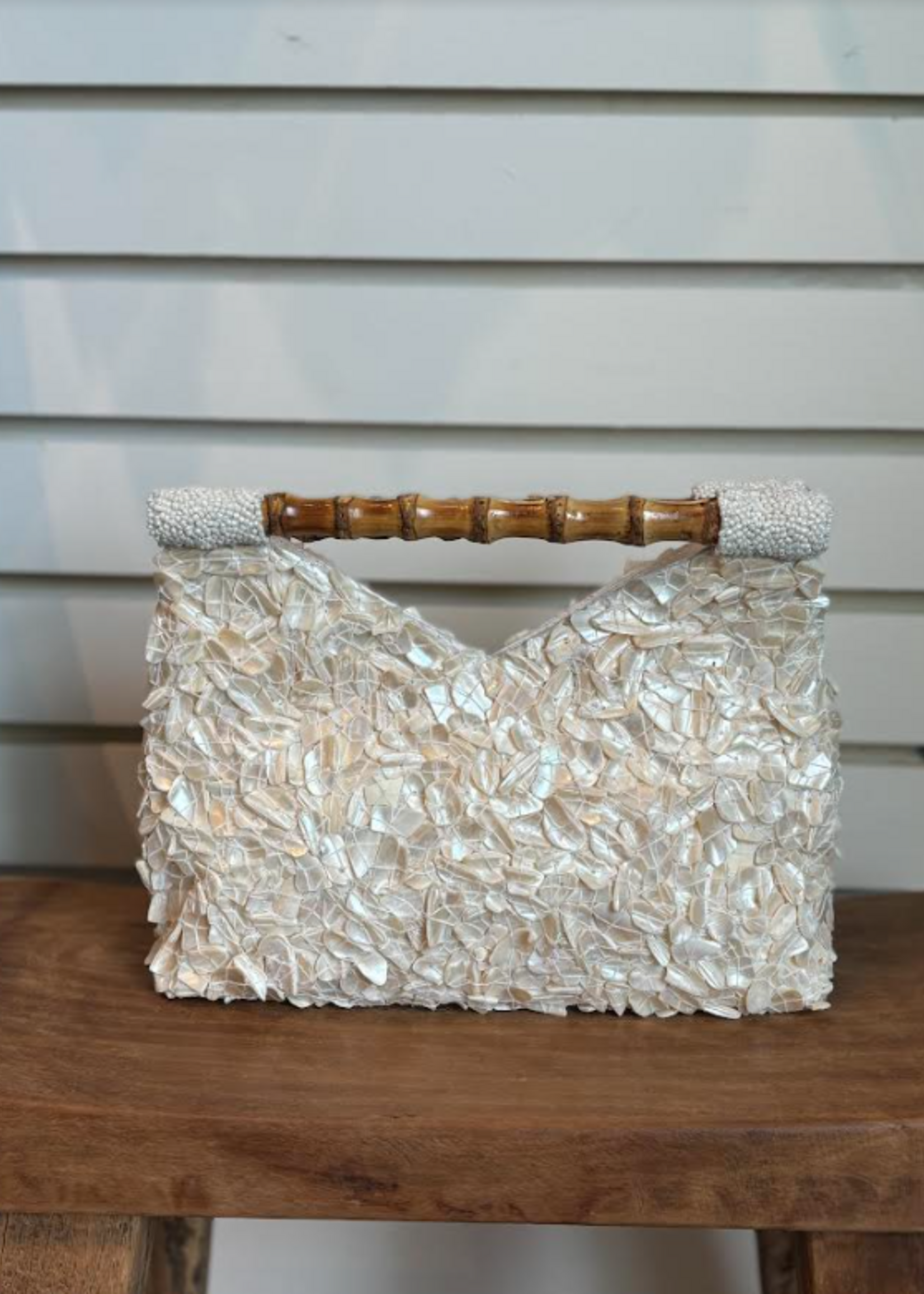 Blue Shell Beaded Bag with Bamboo Handle