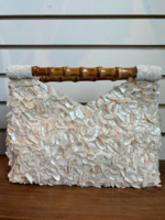 Blue Shell Beaded Bag with Bamboo Handle