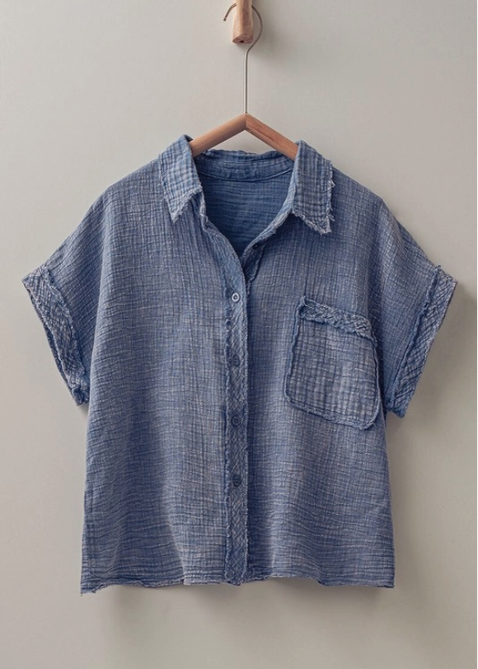 Row Edge Mineral Washed Gauze Short Sleeve Shirt Blue
