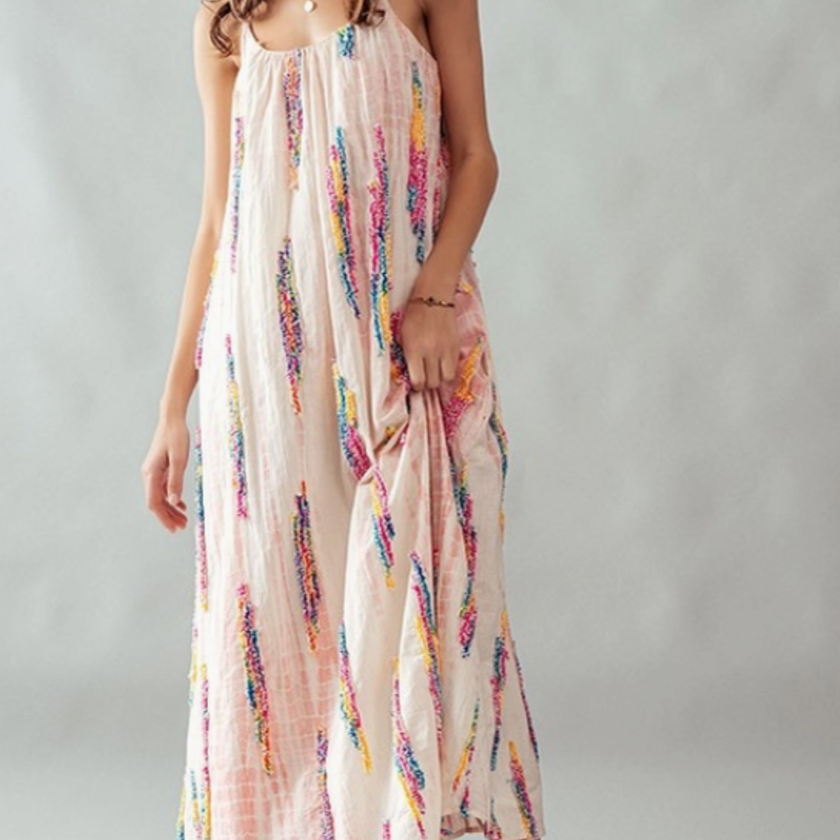 Embroidered Multi Stripe Pattern Maxi Dress Pink