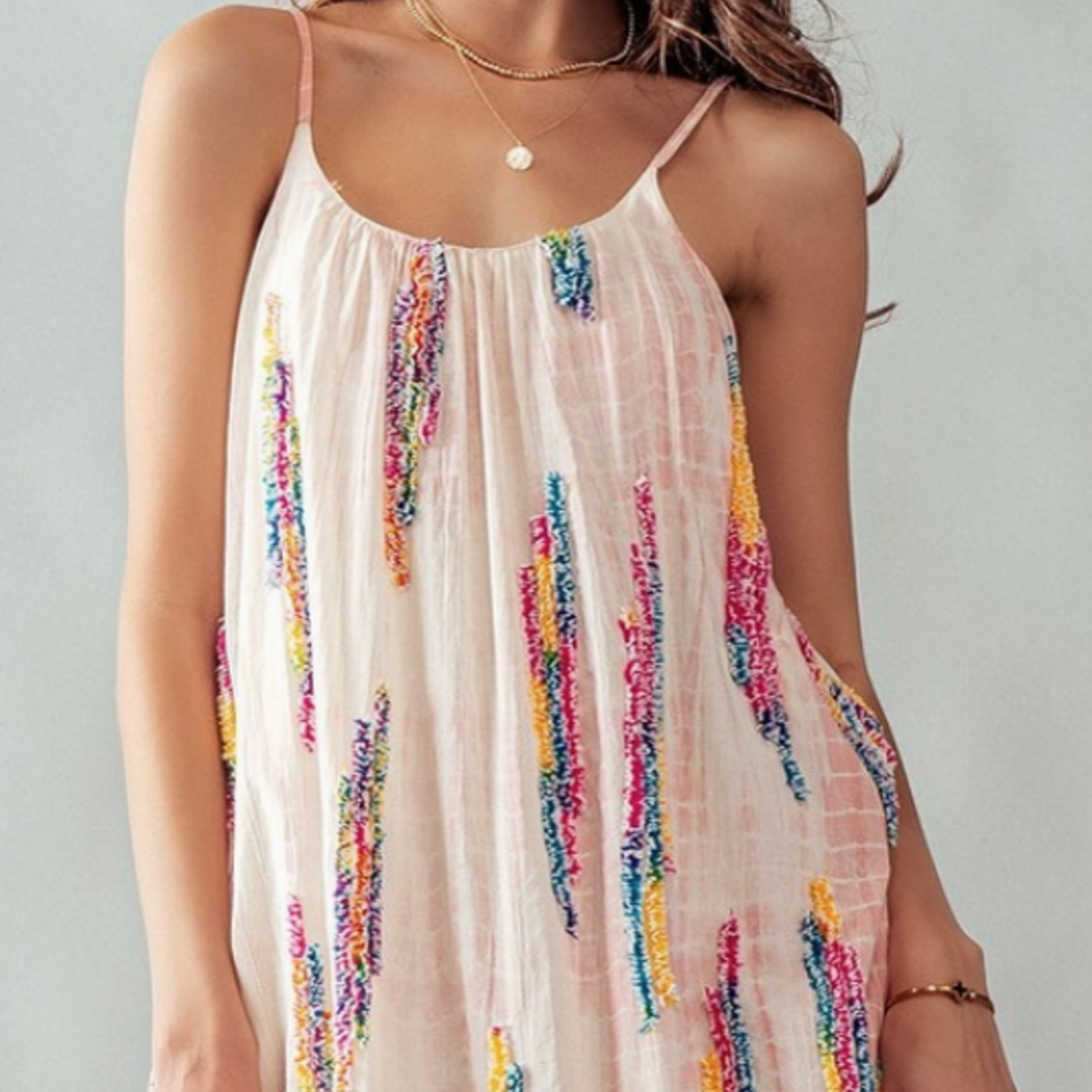 Embroidered Multi Stripe Pattern Maxi Dress Pink