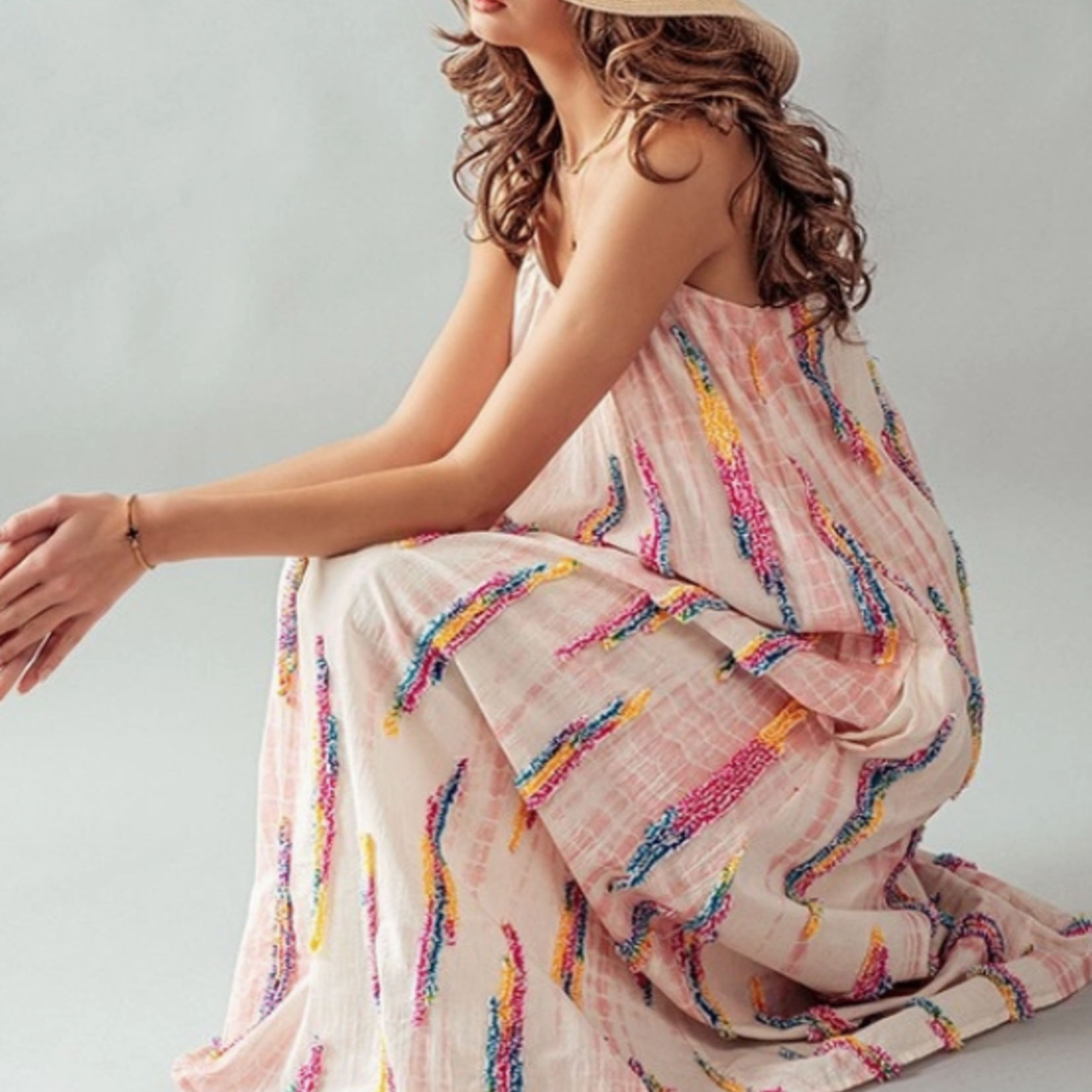 Embroidered Multi Stripe Pattern Maxi Dress Pink