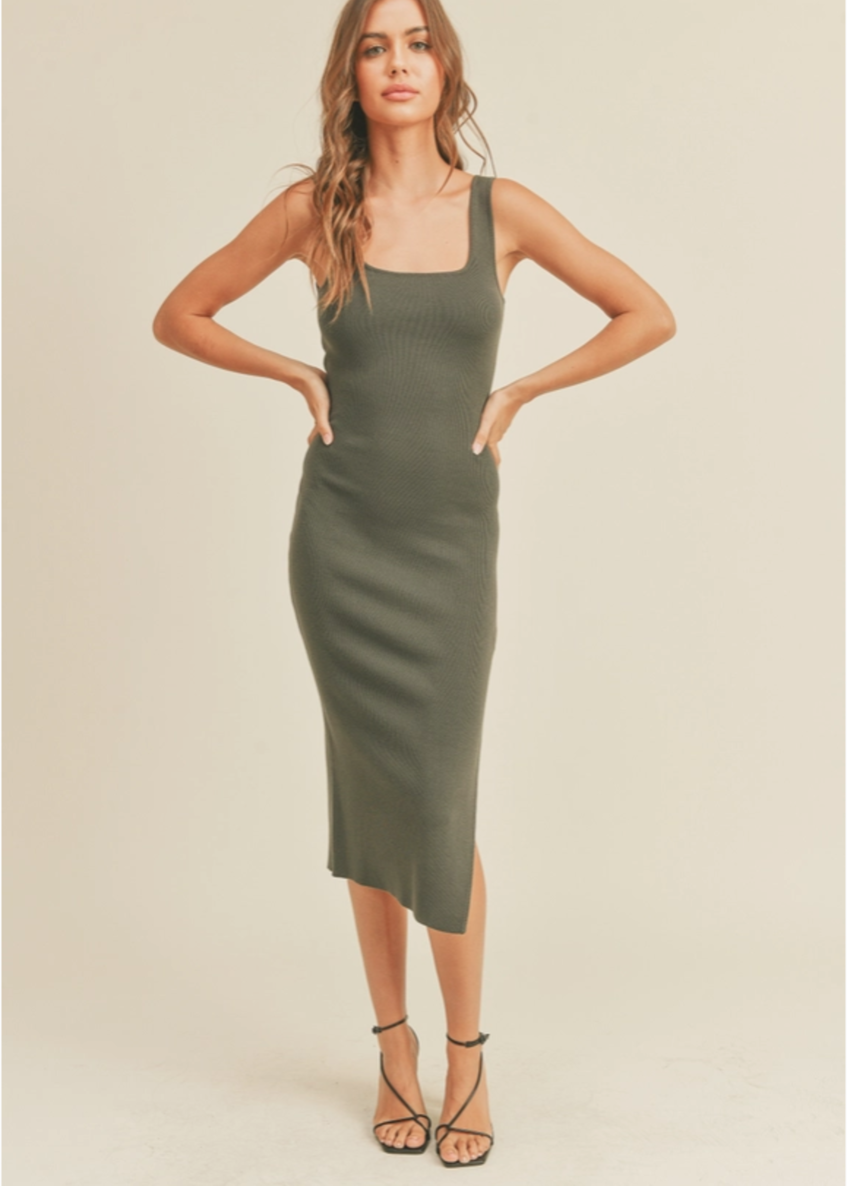 Square Neck Knit Fitted Slit Dress