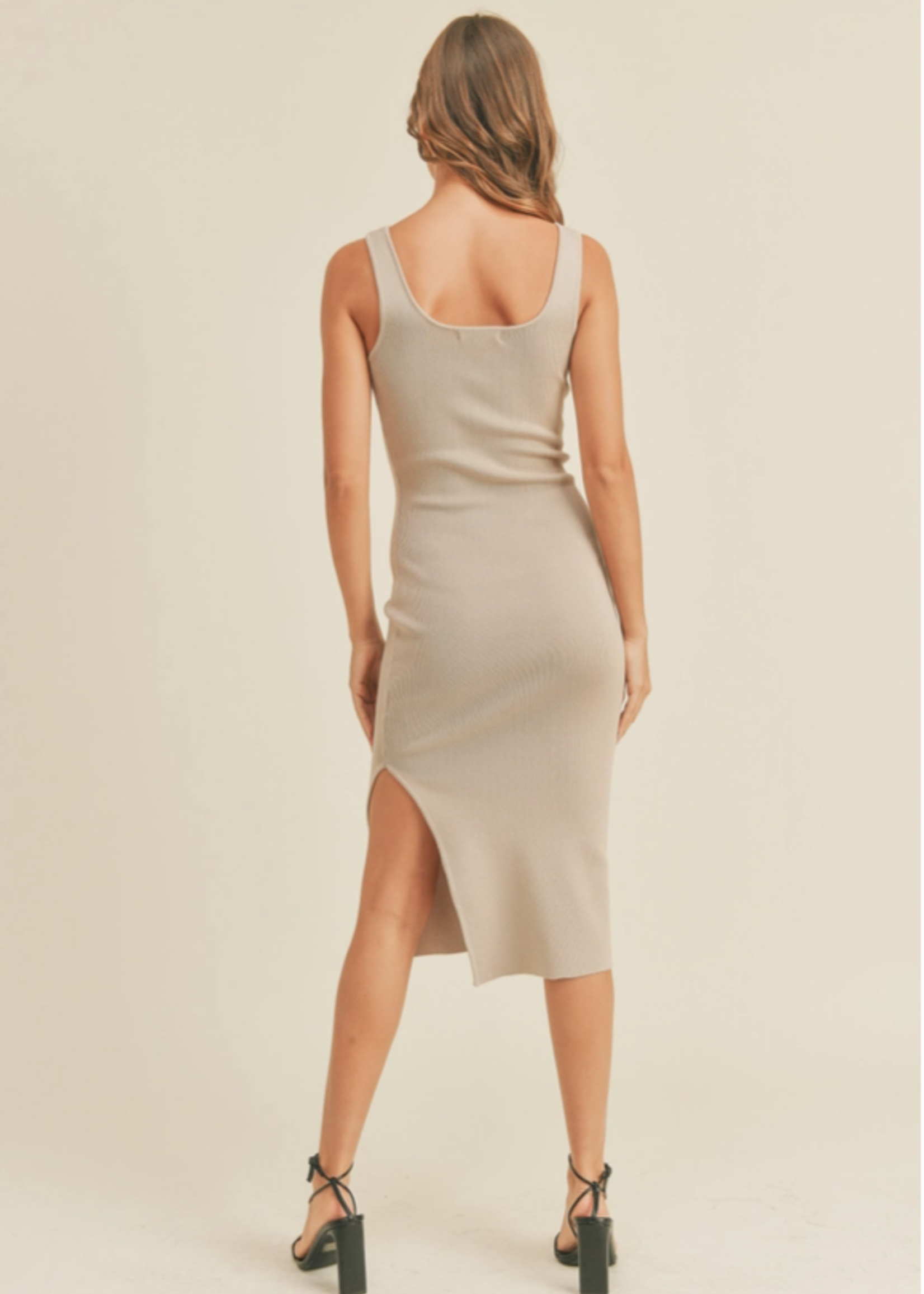 Square Neck Knit Fitted Slit Dress