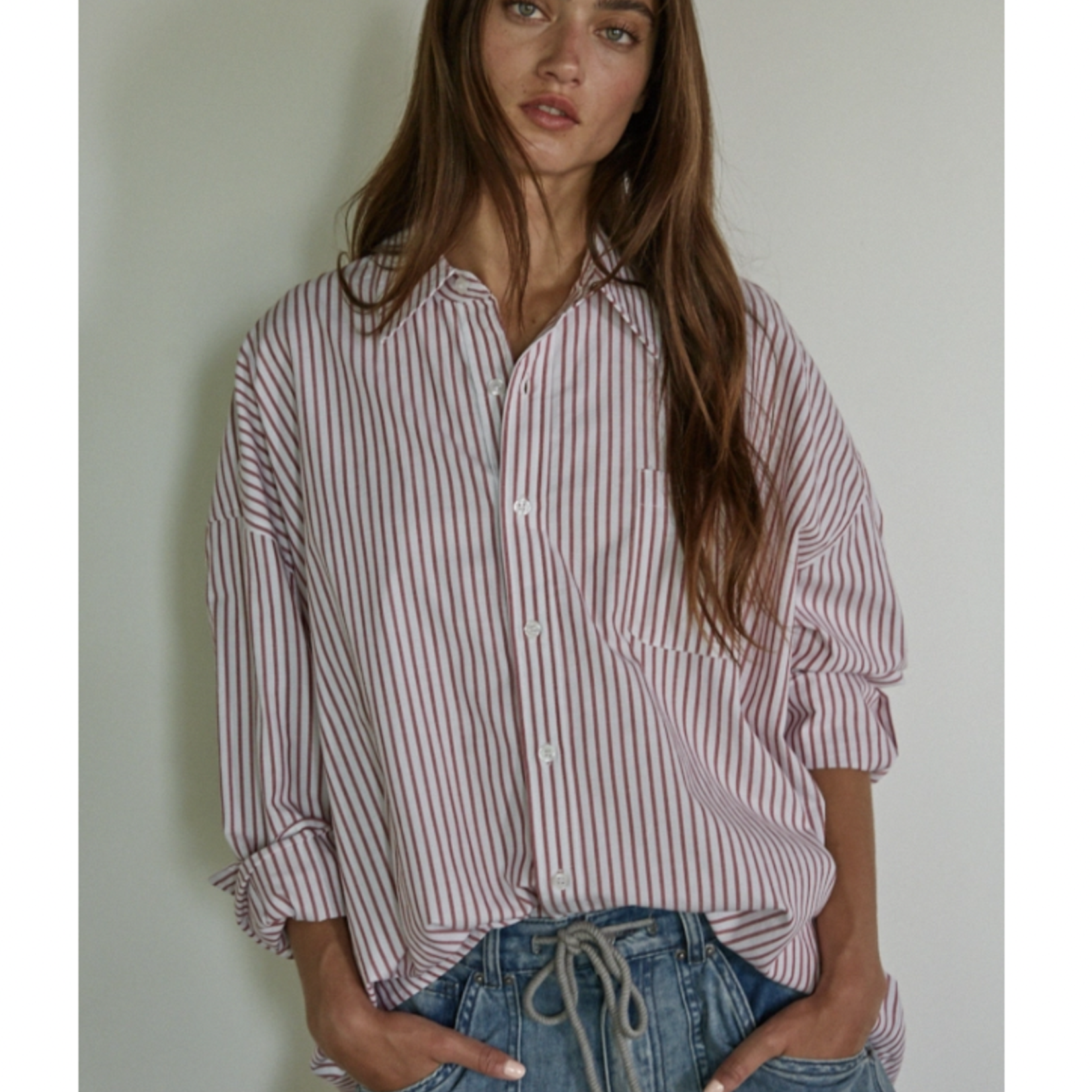 Ivory/Red Woven Cotton Stripe Button Down