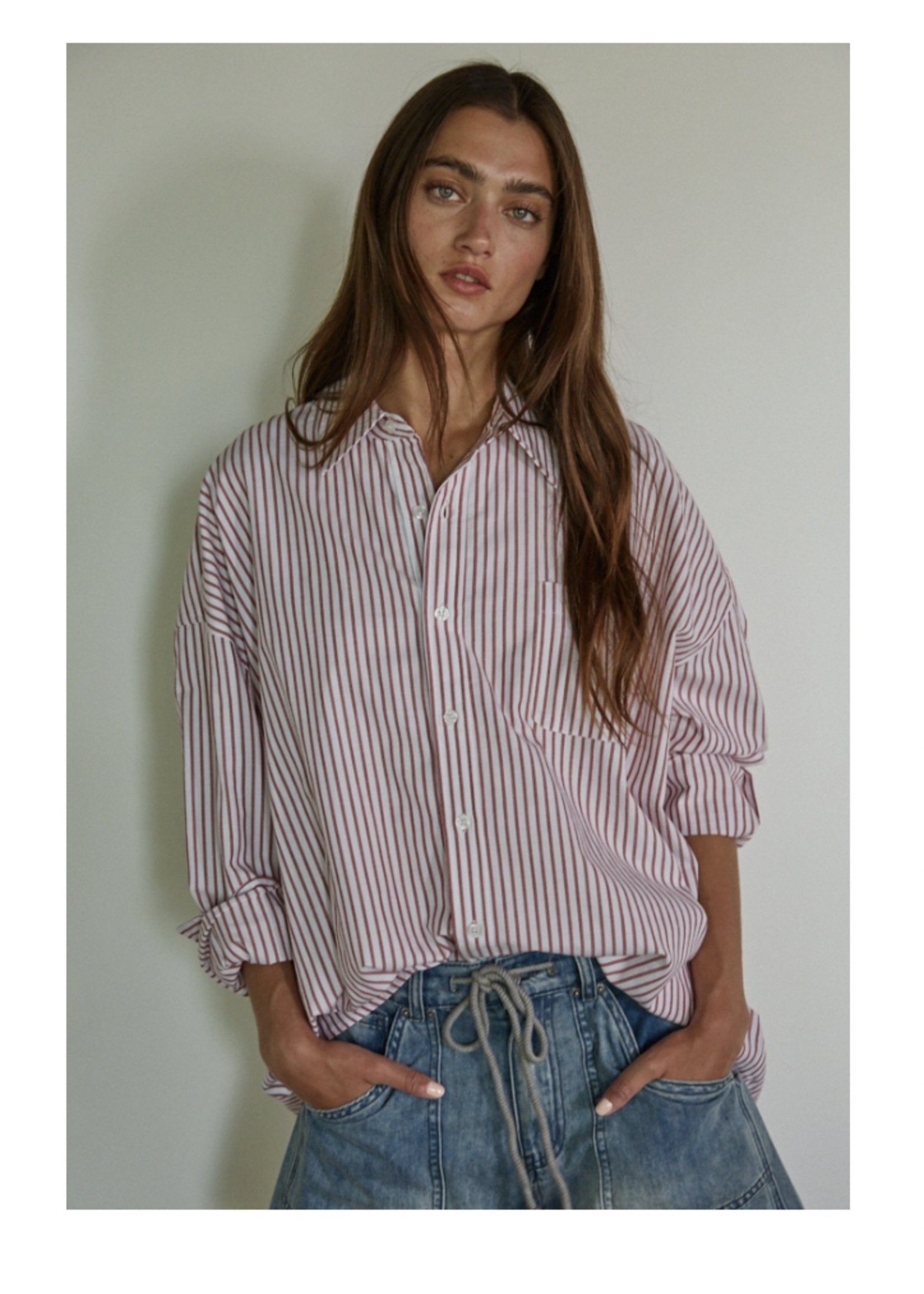 Ivory/Red Woven Cotton Stripe Button Down
