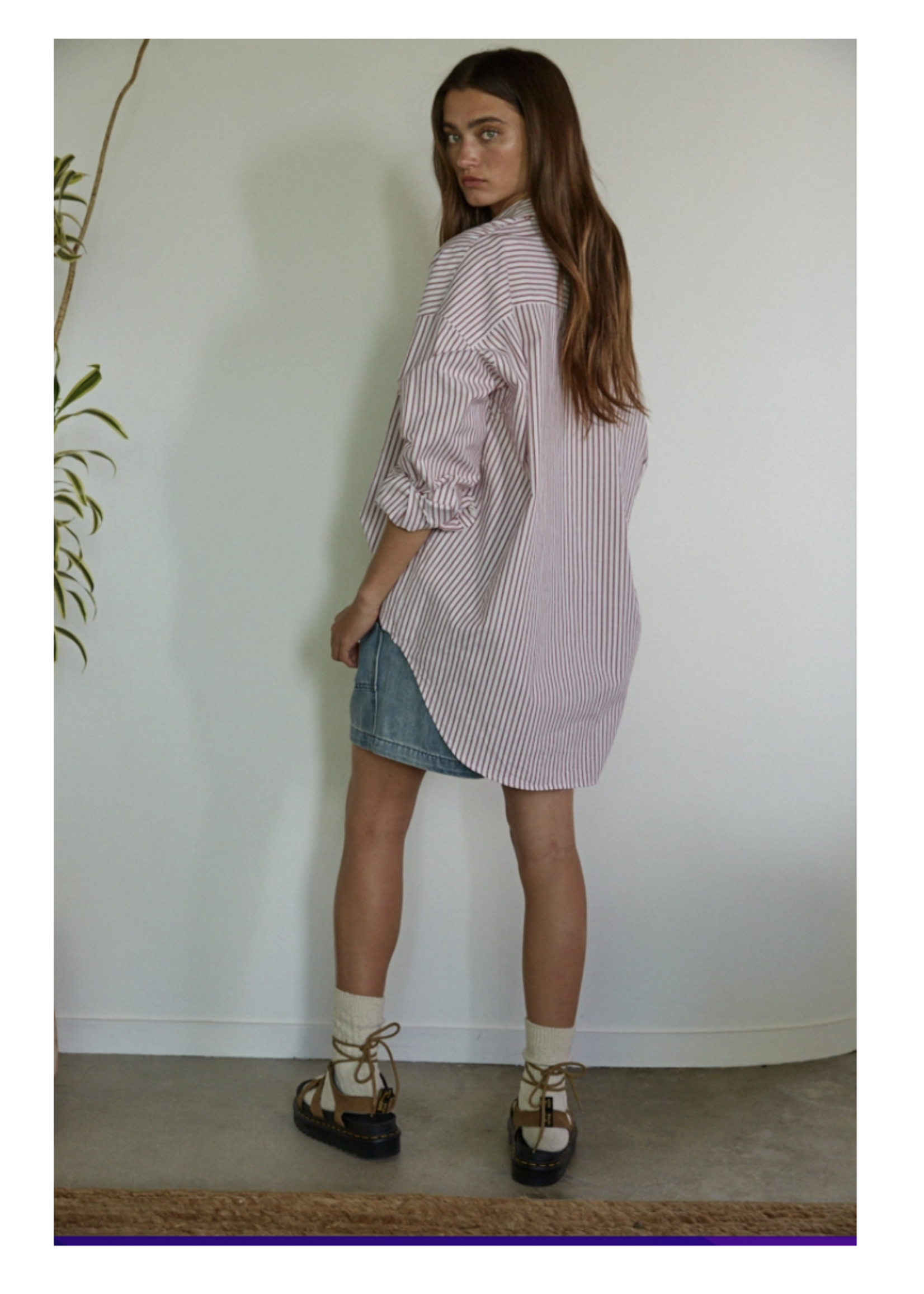 Ivory/Red Woven Cotton Stripe Button Down