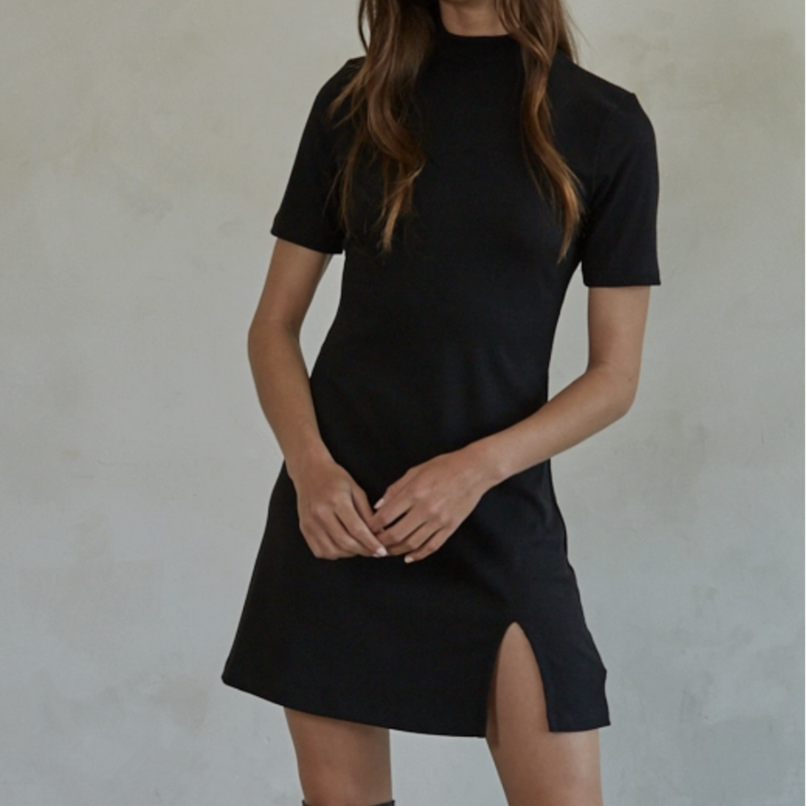 Ribbed Short Sleeve Mock Neck Mini Dress