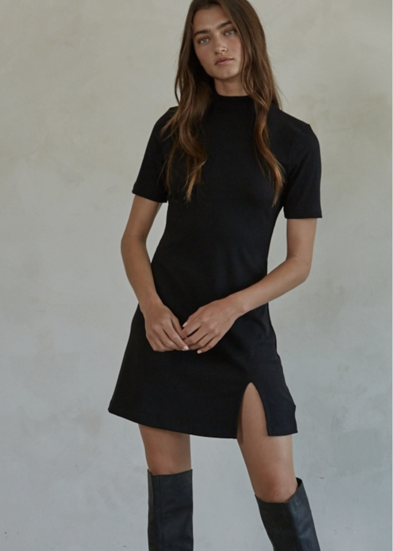 Ribbed Short Sleeve Mock Neck Mini Dress