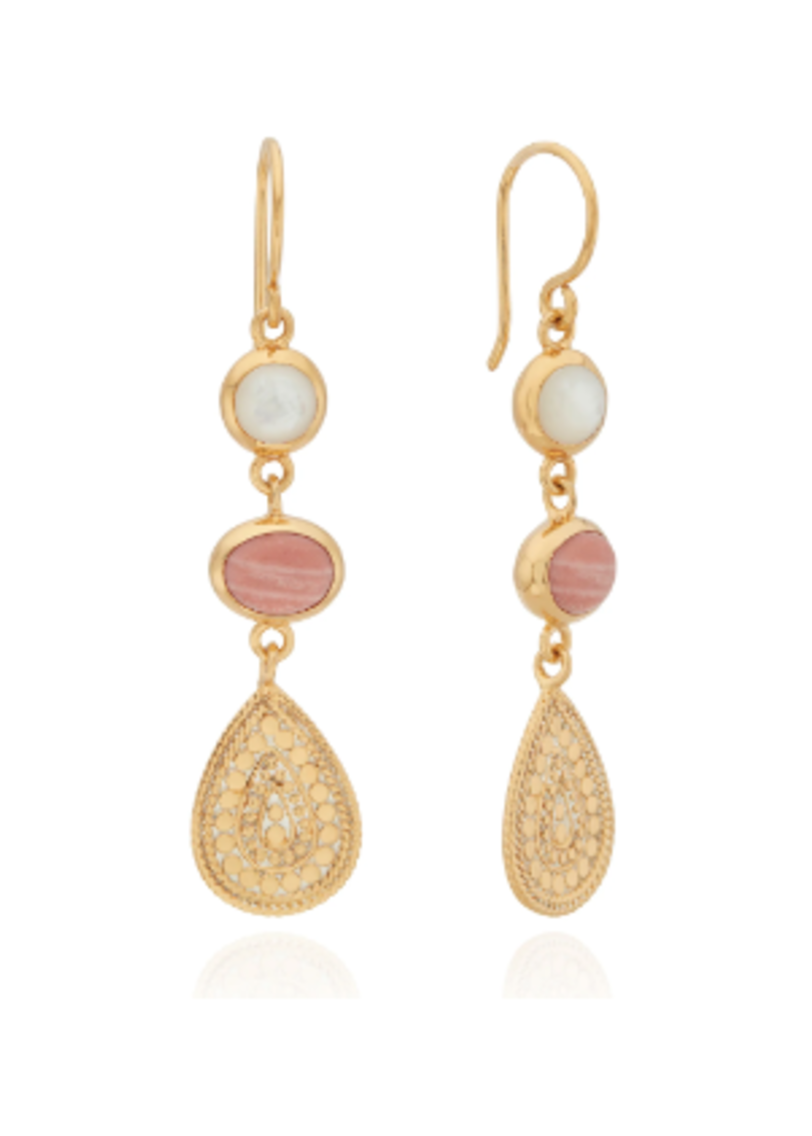 Pink Opal & Mother of Pearl Triple Drop Earrings Gold