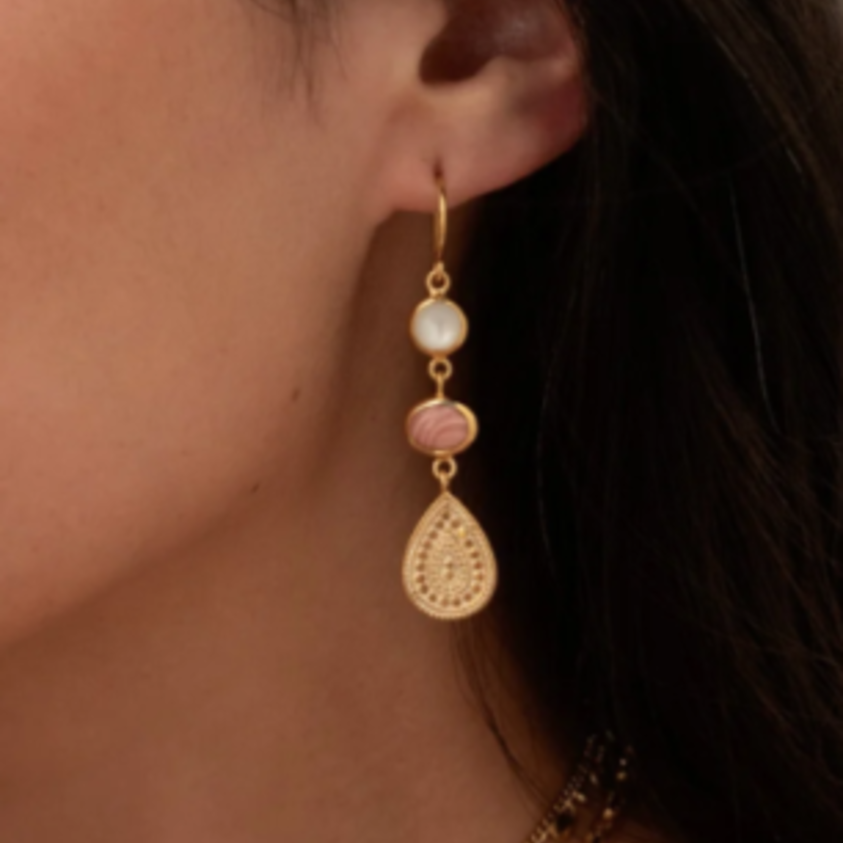 Pink Opal & Mother of Pearl Triple Drop Earrings Gold