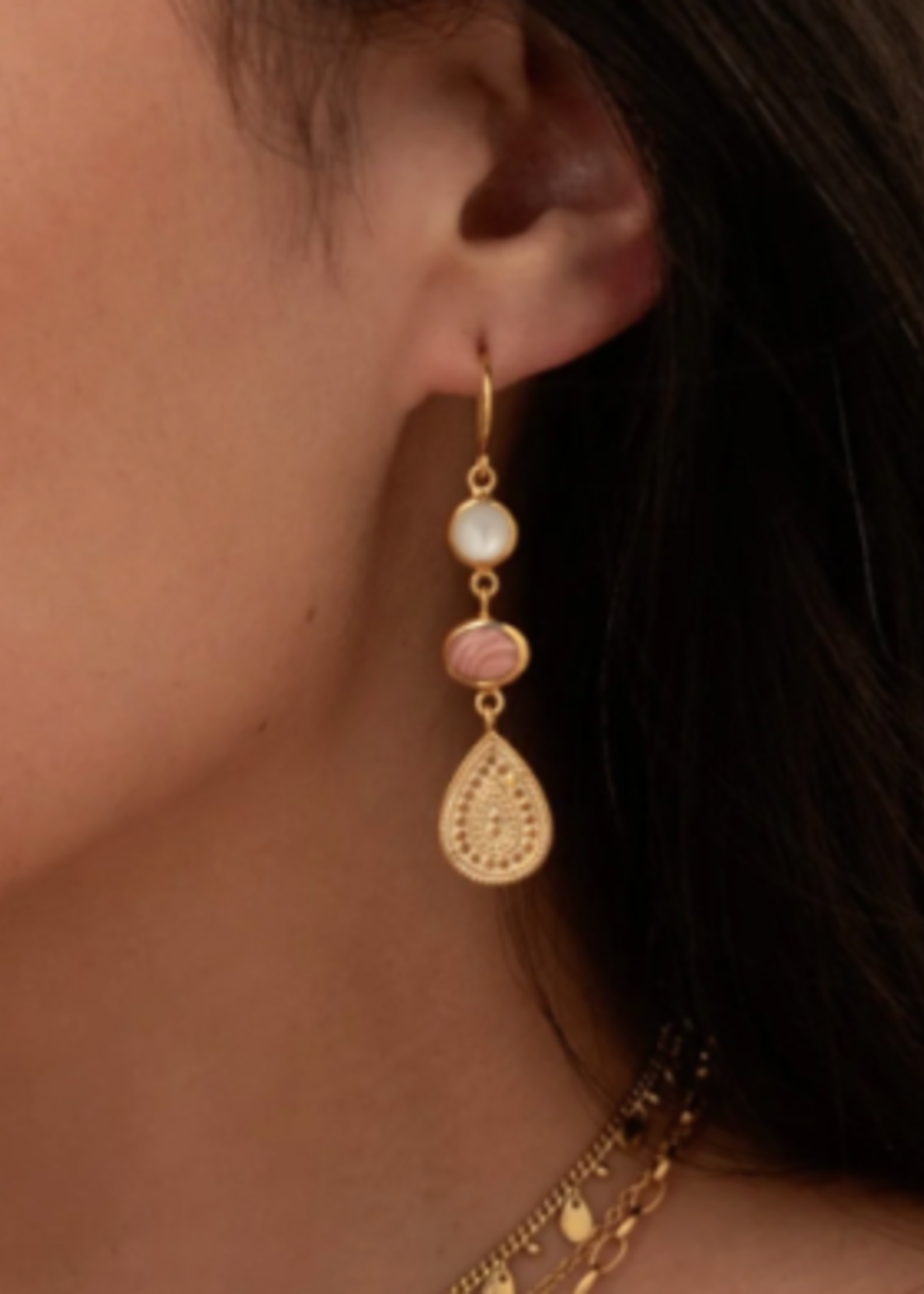 Pink Opal & Mother of Pearl Triple Drop Earrings Gold