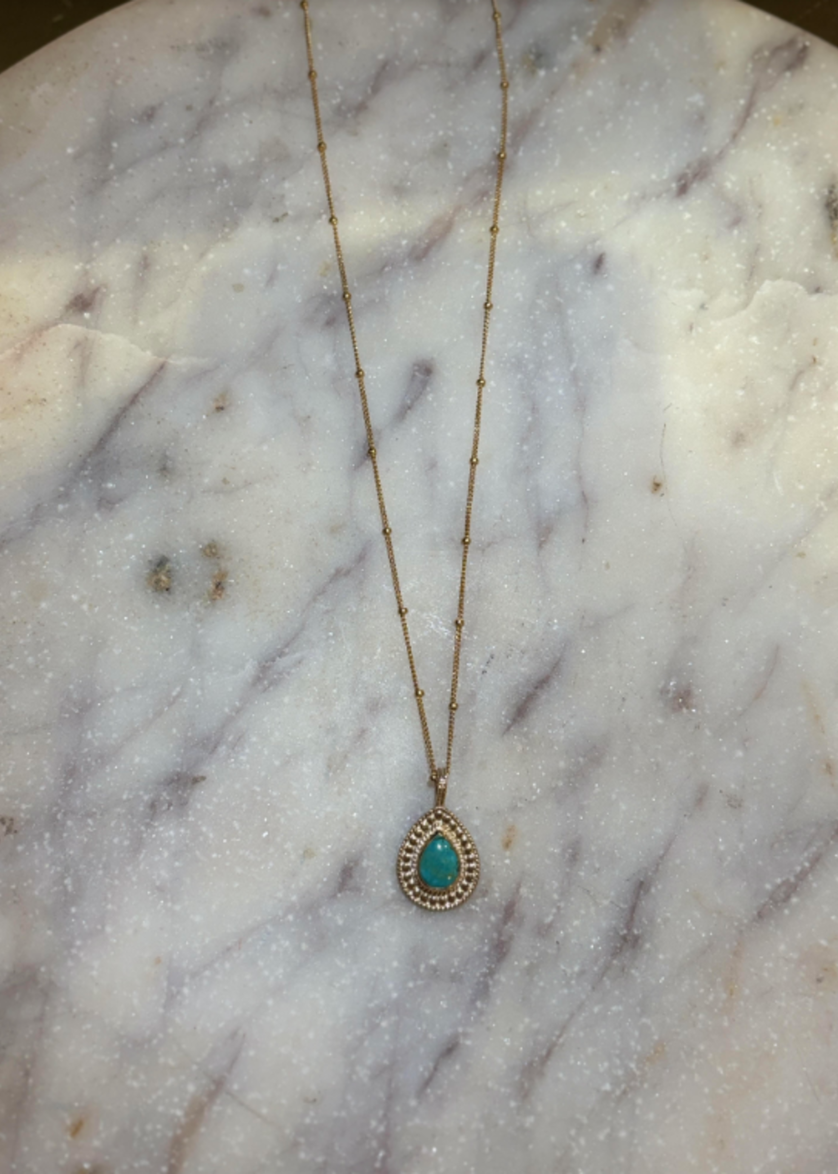 Scalloped Turquoise Teardrop Pendant Necklace Gold