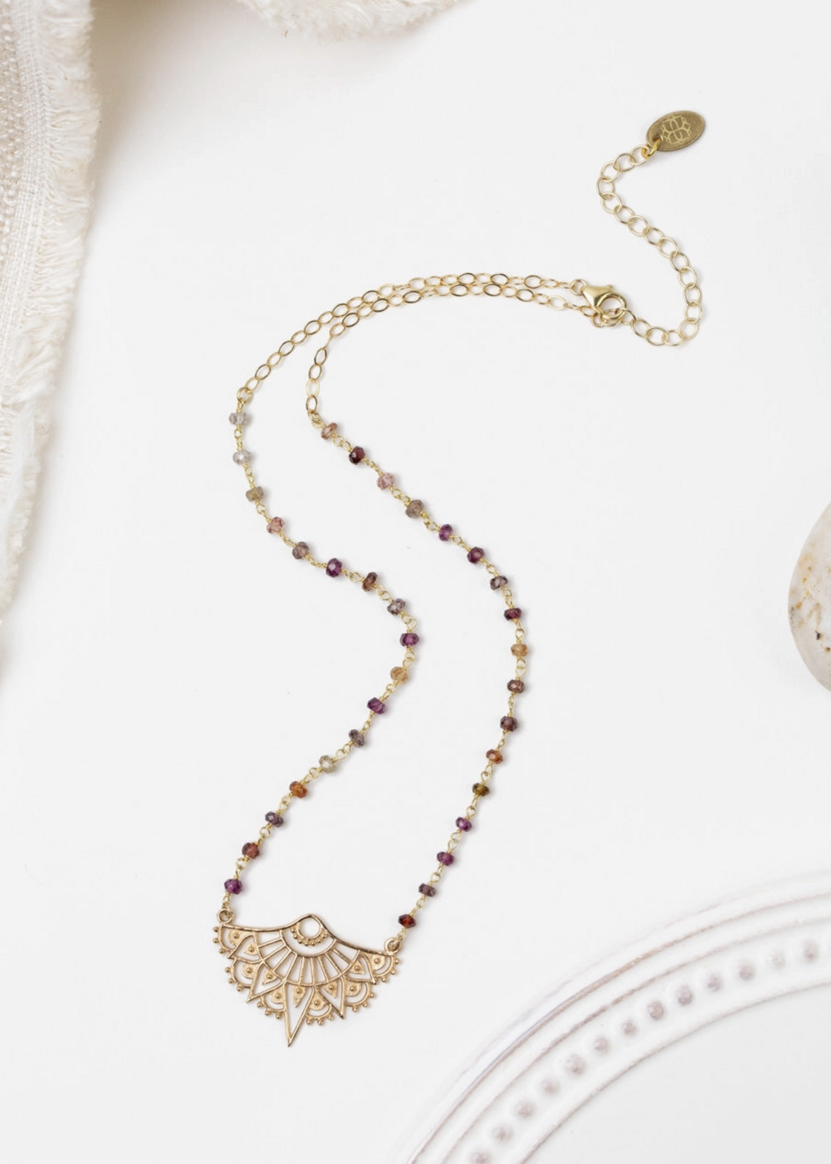 Sapphire - Faceted Sapphire with Bronze Mandala Pendant Simple Necklace