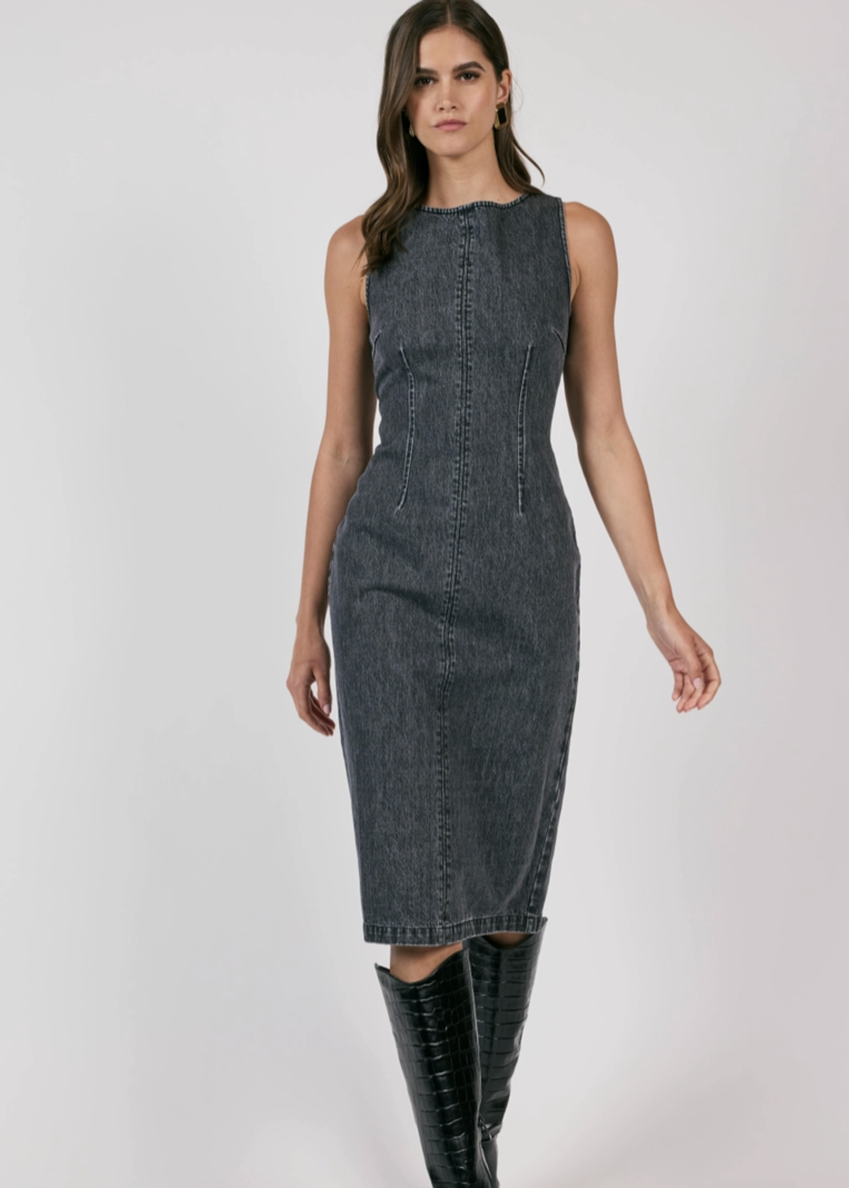 Transformative Fitted Denim Midi Dress