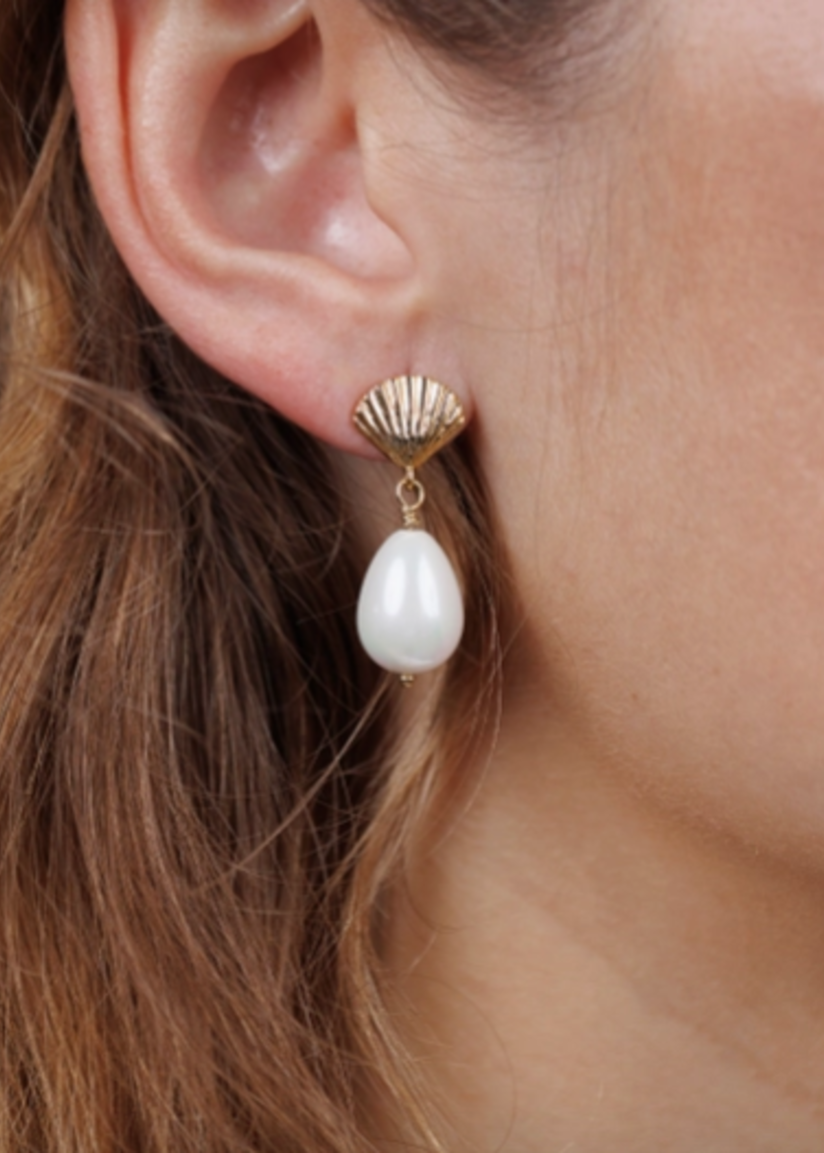Seashell Pearl Drop Gold Earrings