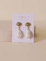 Seashell Pearl Drop Gold Earrings