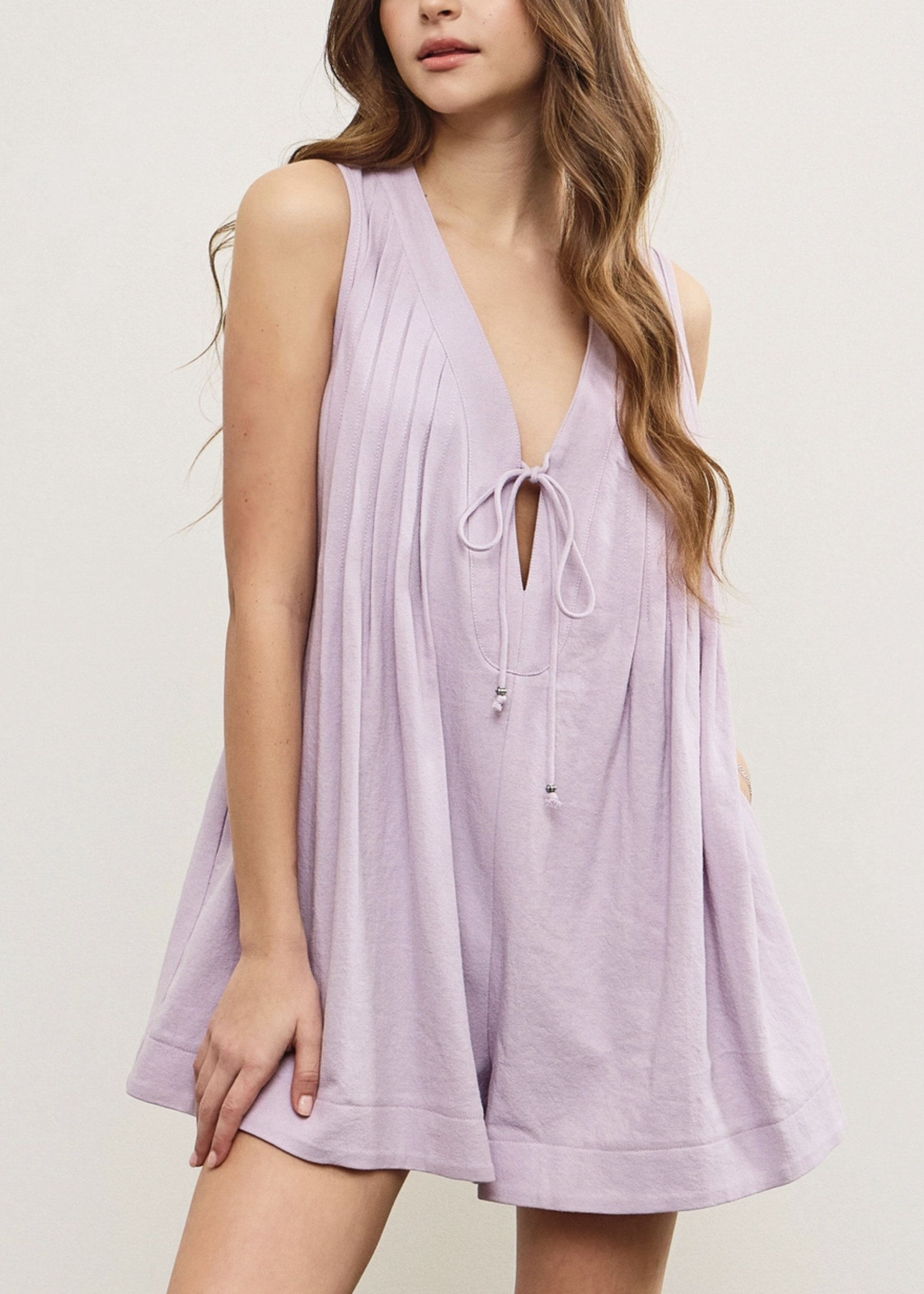 Deep V Neck Pleated Sleeveless Romper