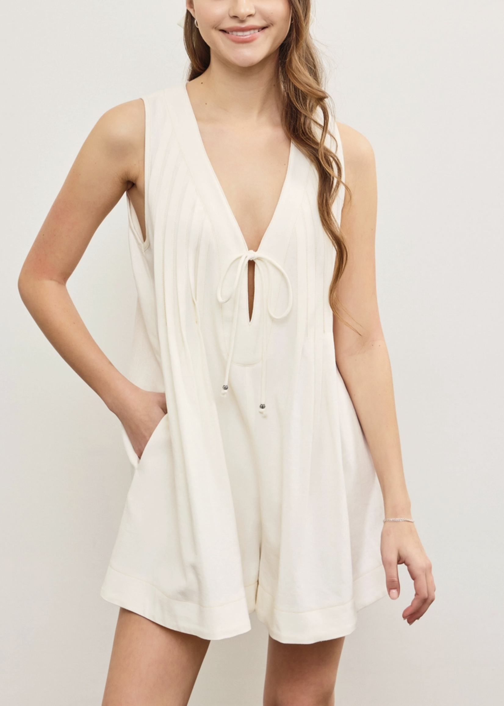 Deep V Neck Pleated Sleeveless Romper