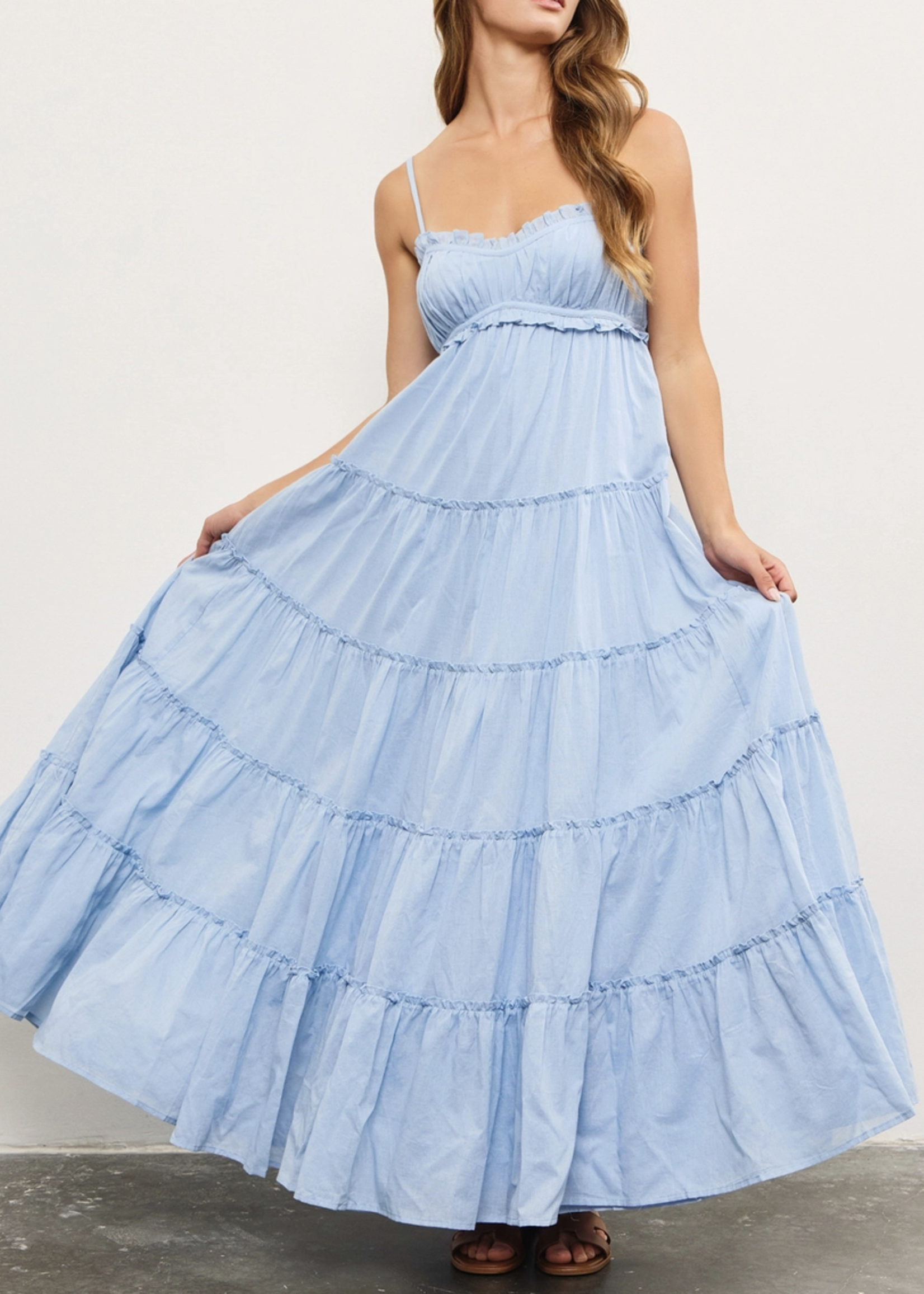 Front Shirring Ruffle Tiered Frill Sleeveless Dress
