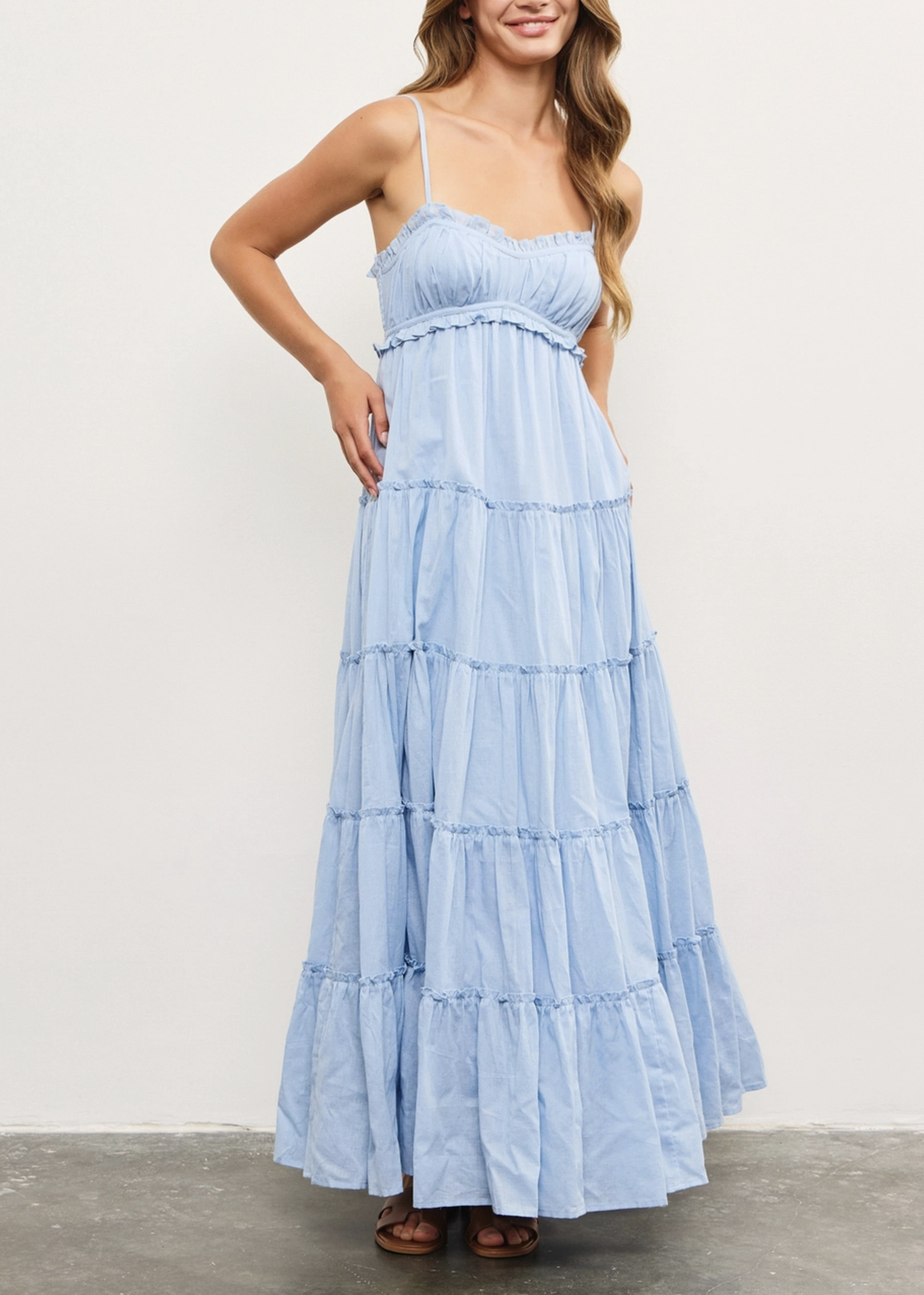 Front Shirring Ruffle Tiered Frill Sleeveless Dress
