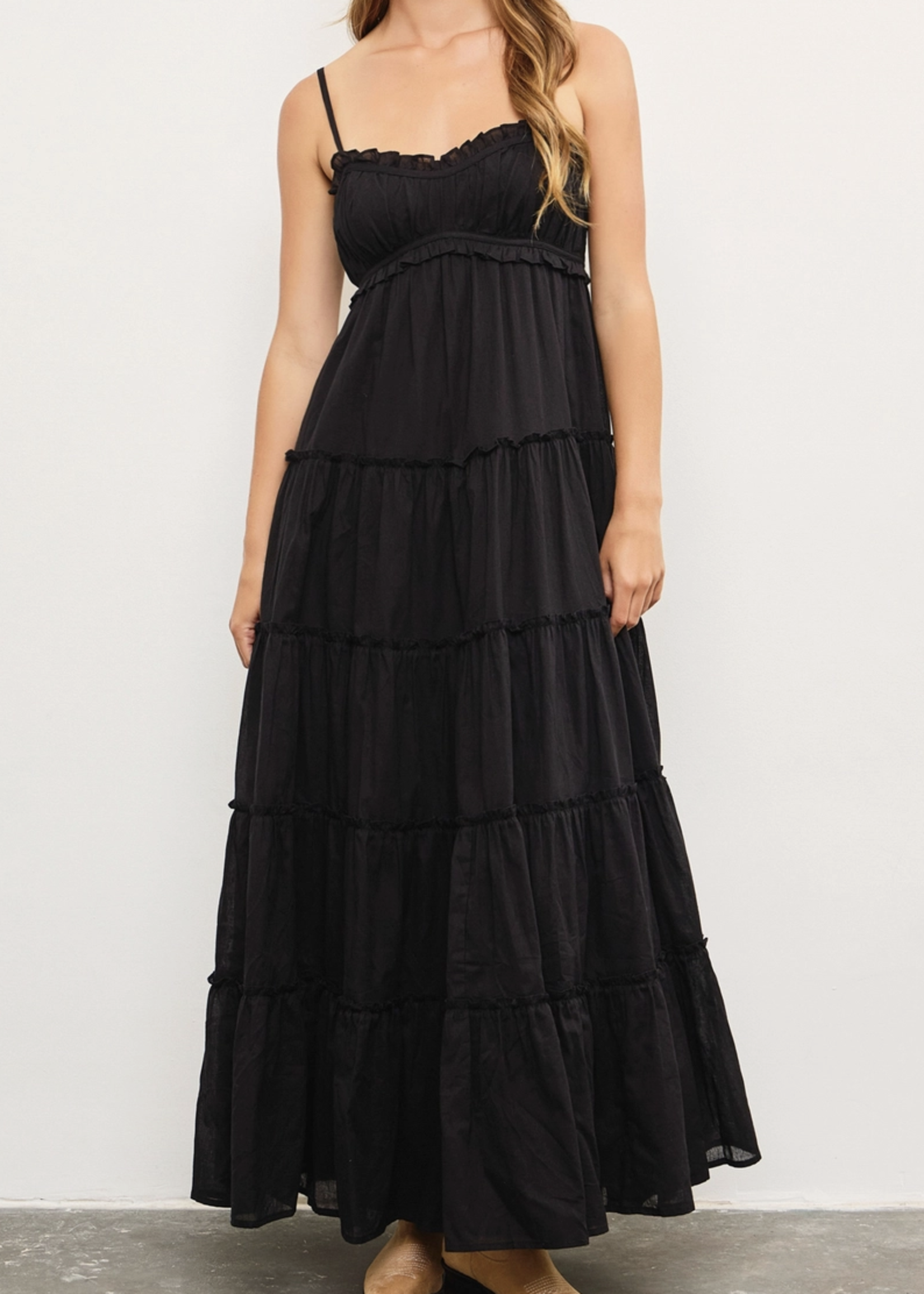 Front Shirring Ruffle Tiered Frill Sleeveless Dress
