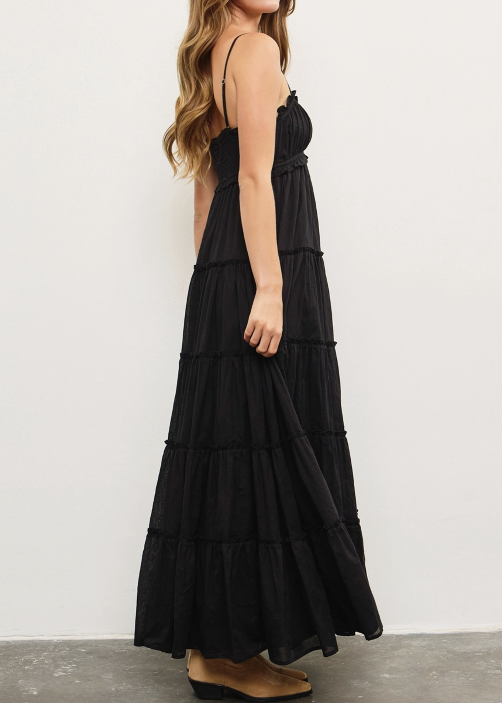Front Shirring Ruffle Tiered Frill Sleeveless Dress