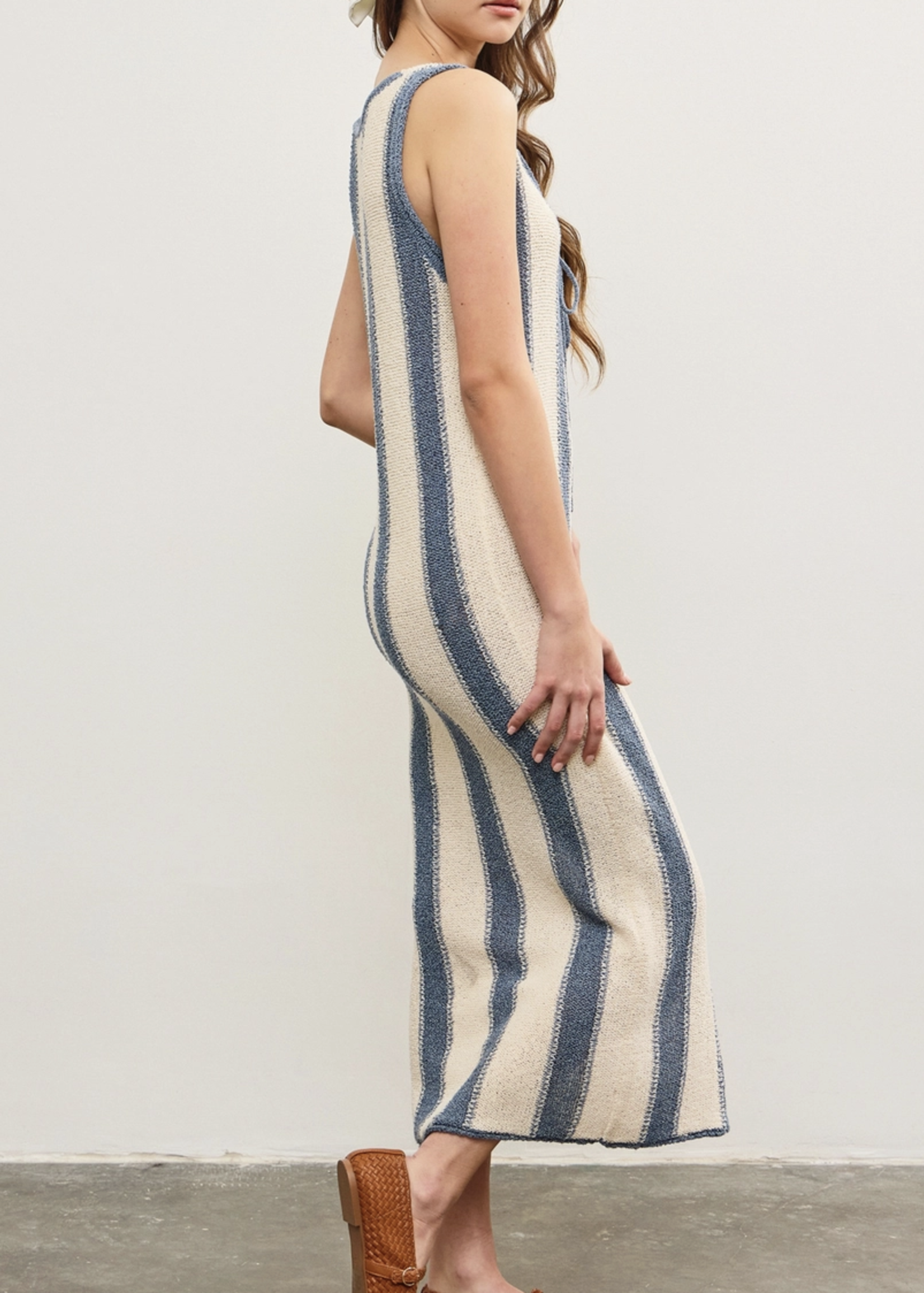 Deep V Neck Tied Front Striped Dress