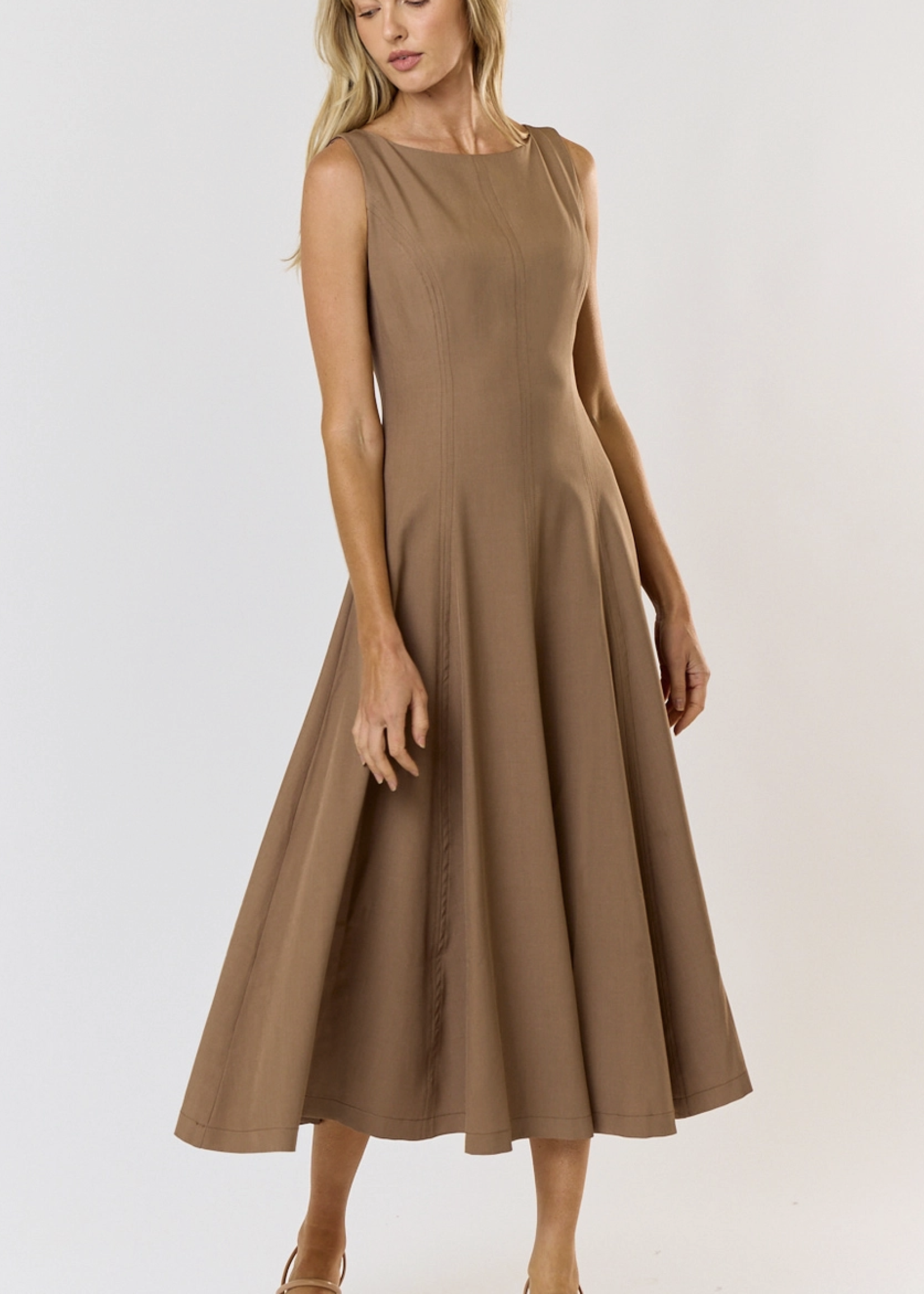 Boat Neck Flared Bottom Sleeveless Midi