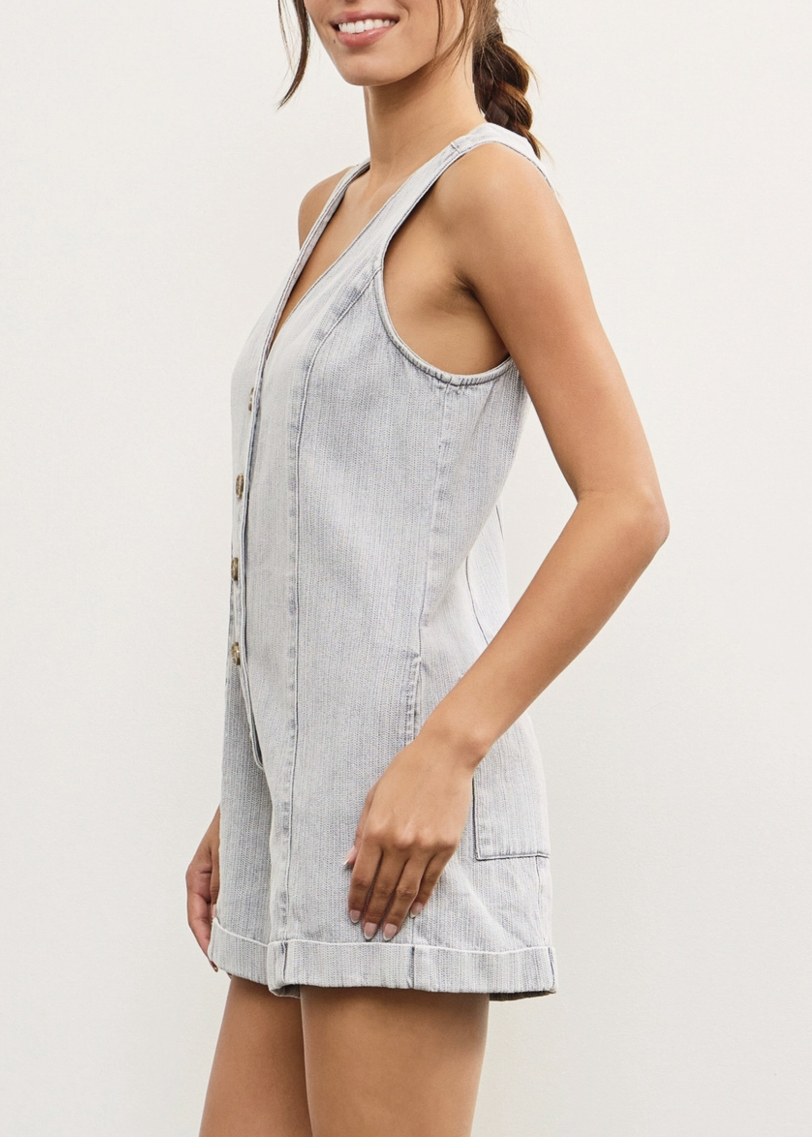 Button Closure V Neck Sleeveless Romper