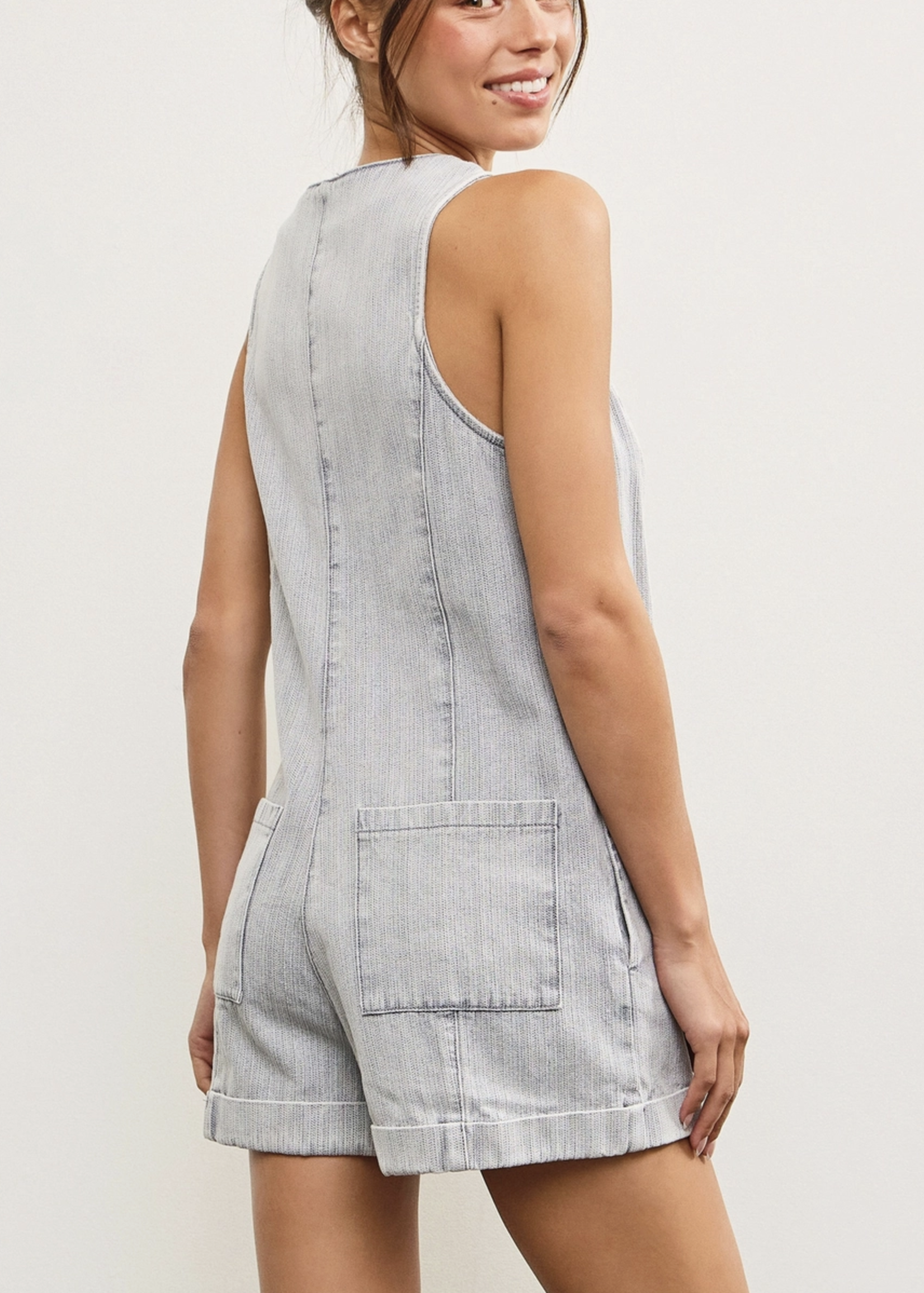 Button Closure V Neck Sleeveless Romper