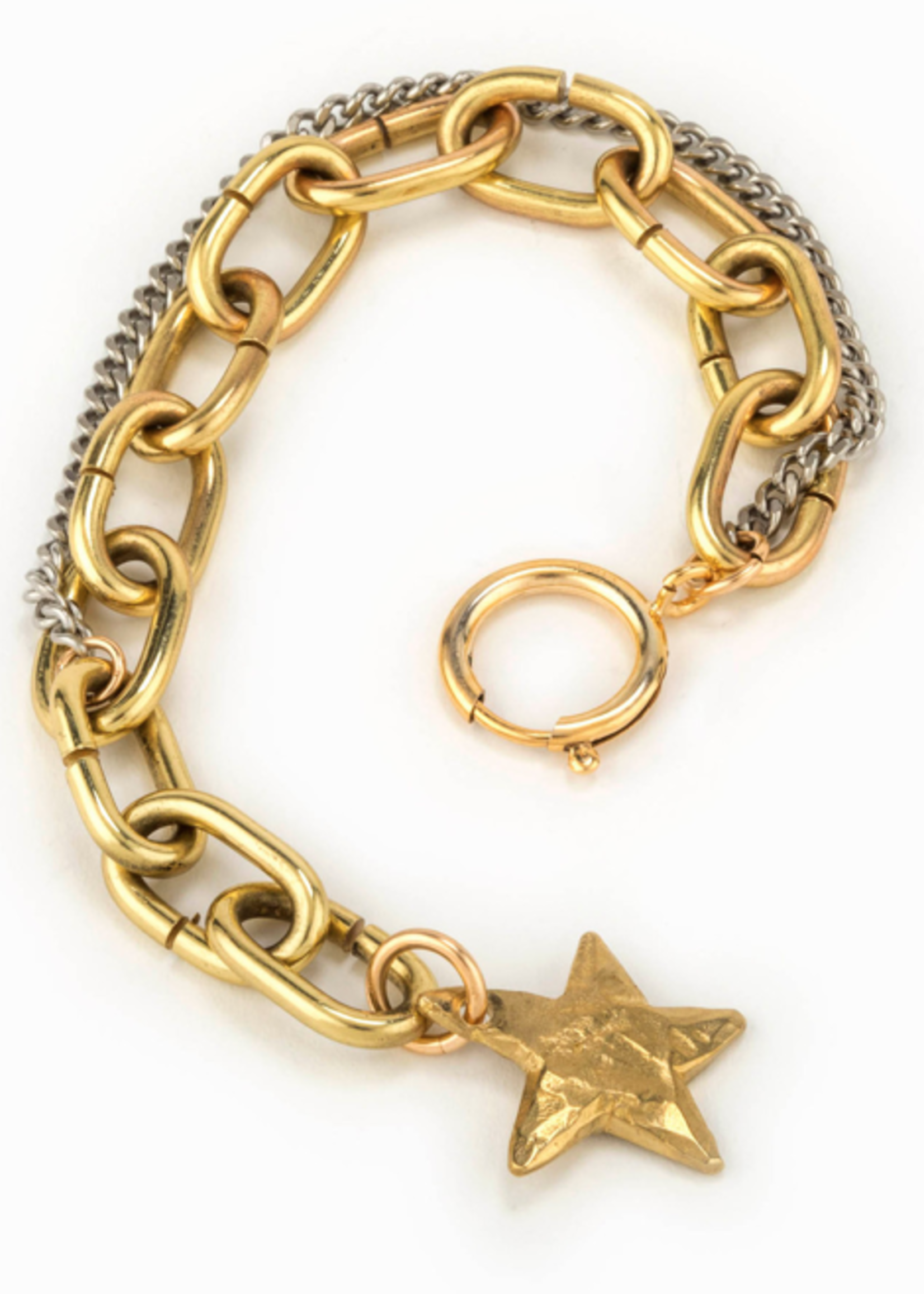 Sirius Gold Chain Bracelet Intermixed W/ Silver Matte Flat Chain & Gold Star