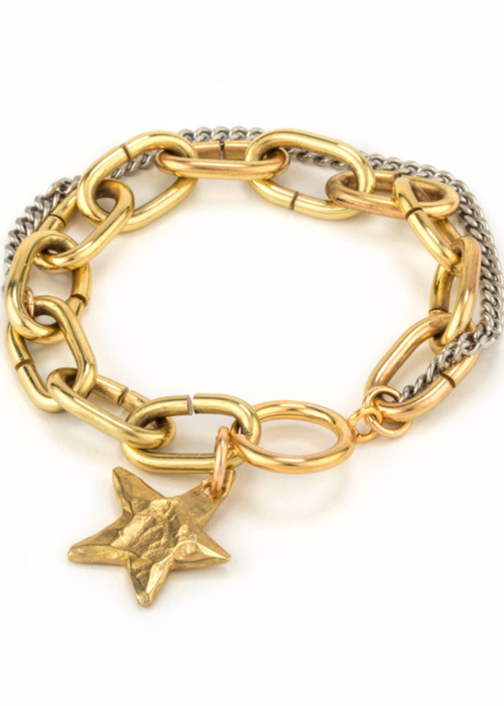 Sirius Gold Chain Bracelet Intermixed W/ Silver Matte Flat Chain & Gold Star