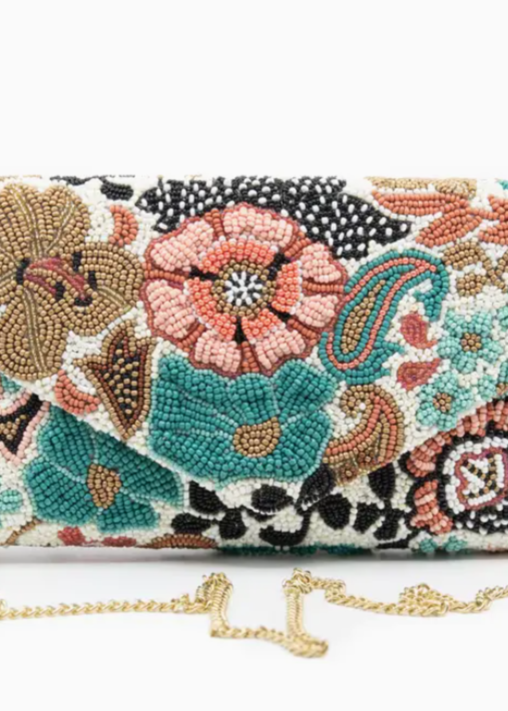 Floral Beaded Clutch with Chain Strap White Multi