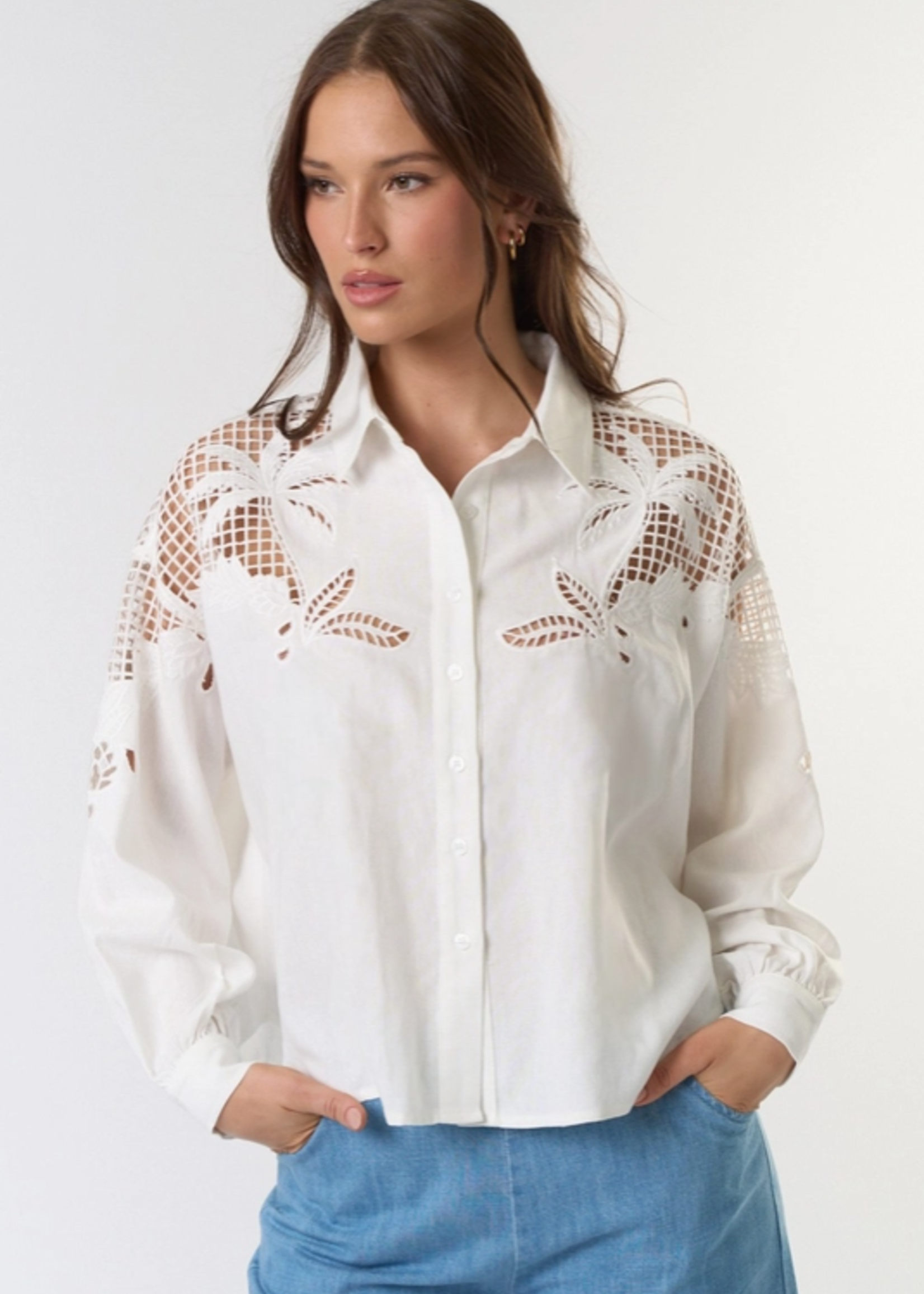 Embroidered Cut Out Button Down Shirt