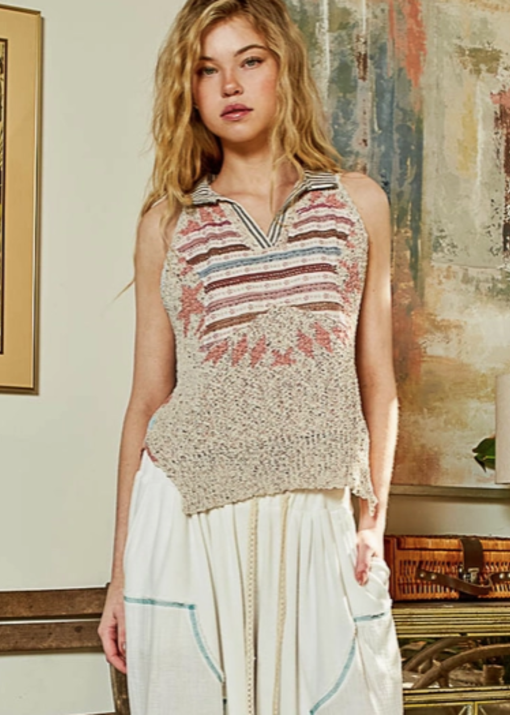 Mixed Media Mock Neck Star Patch Top
