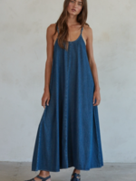 Woven Denim Scoop Neck Flare Maxi Dress