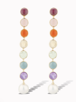 Linear Rainbow Statement Earrings 14K Gold over Sterling Silver (garnet, pink chalcedony, orange chalcedony, citrine, prehnite, opaque aquamarine, amethyst, and freshwater pearl)