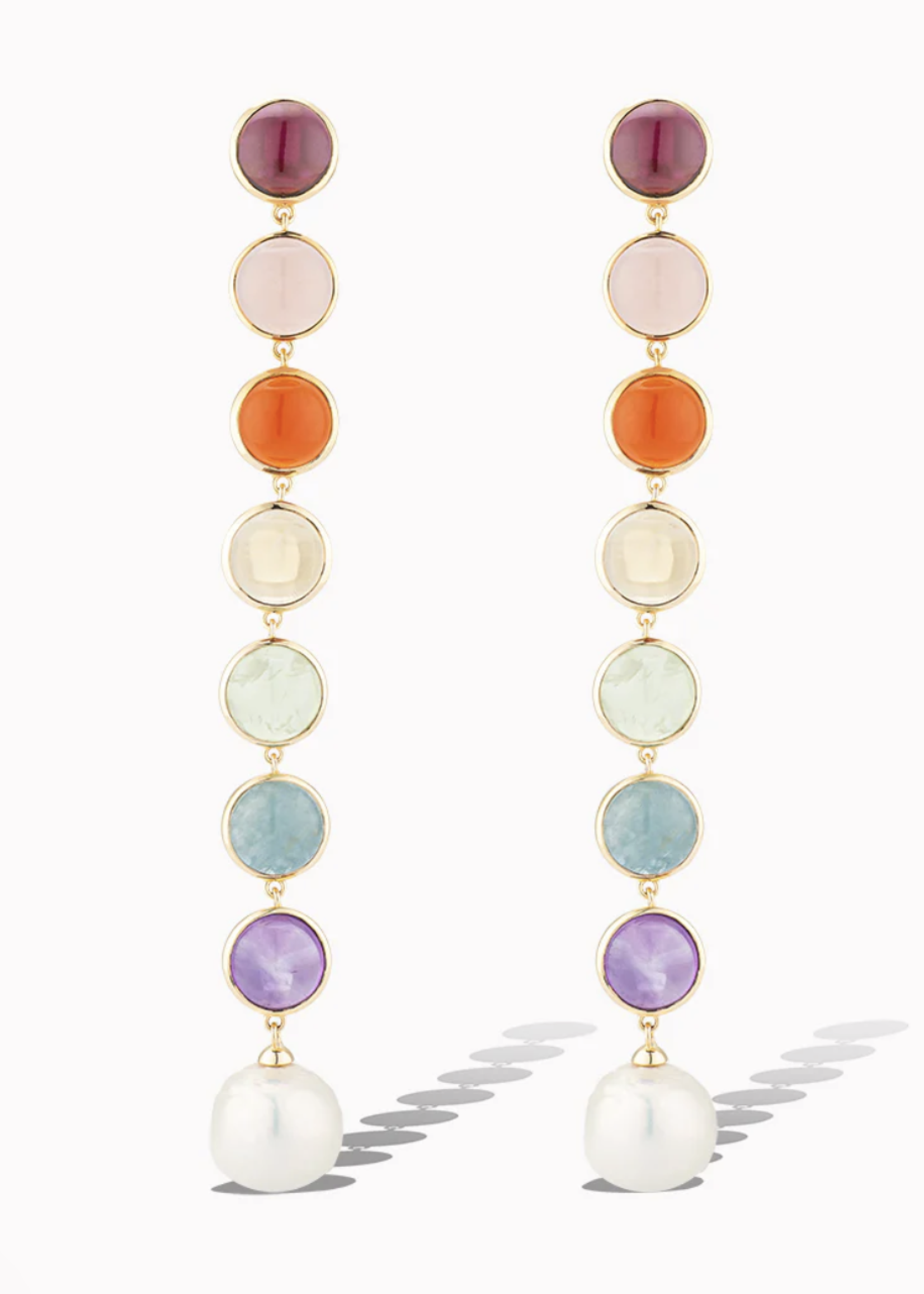 Linear Rainbow Statement Earrings 14K Gold over Sterling Silver (garnet, pink chalcedony, orange chalcedony, citrine, prehnite, opaque aquamarine and amethyst stones completed with a freshwater pearl)