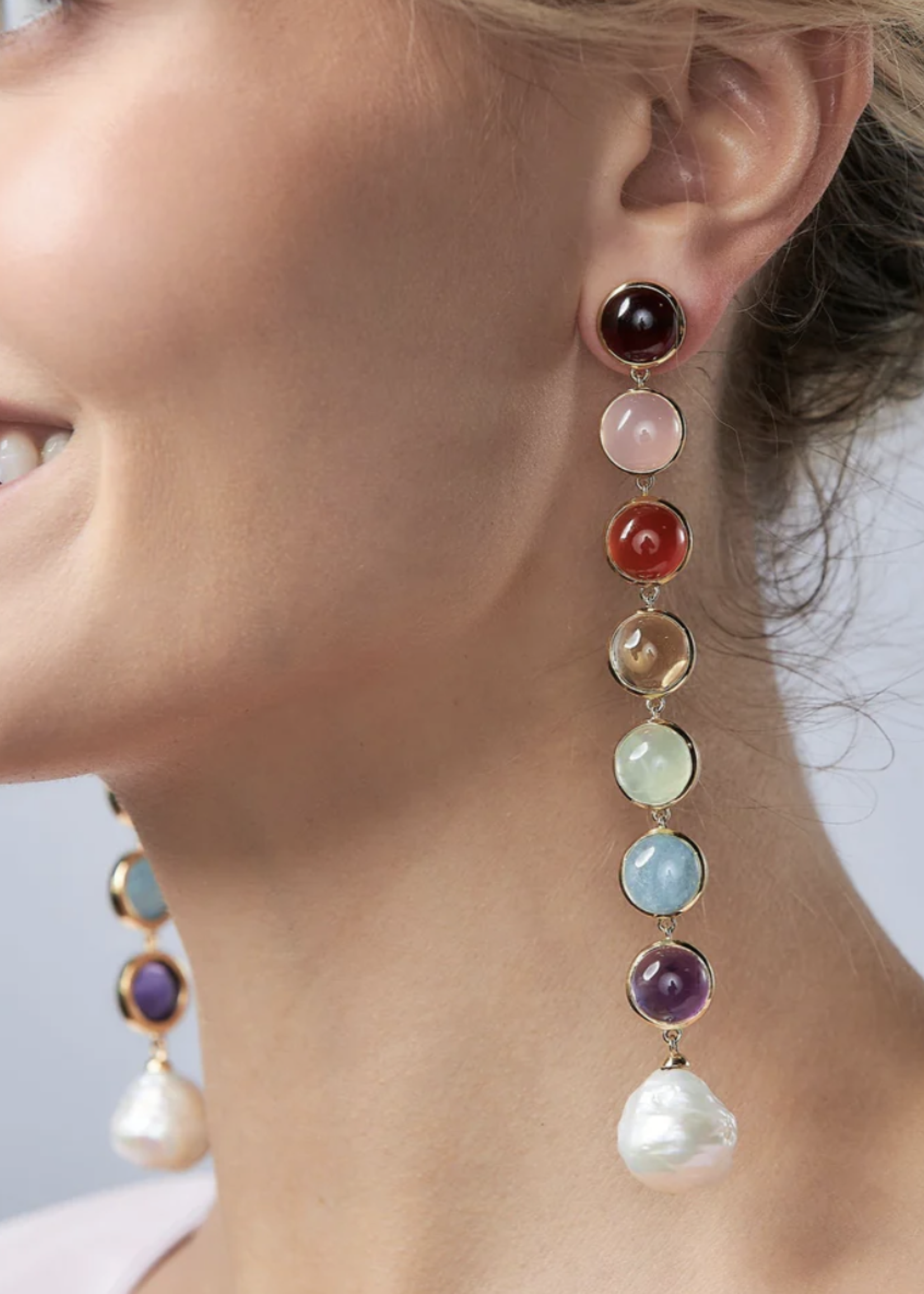 Linear Rainbow Statement Earrings 14K Gold over Sterling Silver (garnet, pink chalcedony, orange chalcedony, citrine, prehnite, opaque aquamarine and amethyst stones completed with a freshwater pearl)