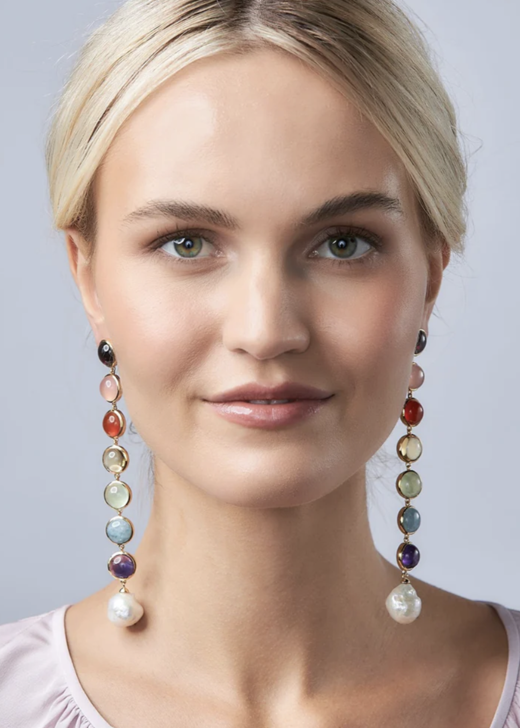 Linear Rainbow Statement Earrings 14K Gold over Sterling Silver (garnet, pink chalcedony, orange chalcedony, citrine, prehnite, opaque aquamarine and amethyst stones completed with a freshwater pearl)